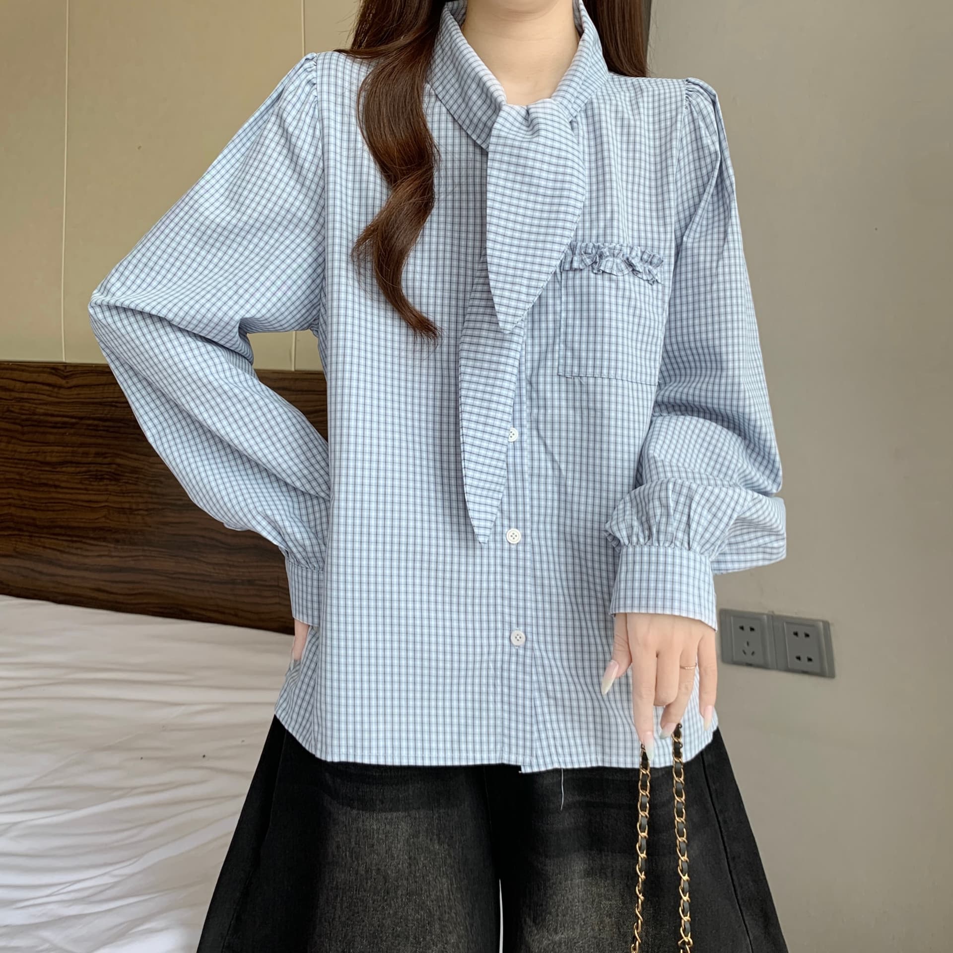 고급 센스 체크무늬 넥타이 폴로 칼라 긍정적 인 어깨 긴팔 여성 셔츠 가을 새로운 지방 mm 레트로 슬림해 보이는 고유 한 맨위 상세 이미지 20