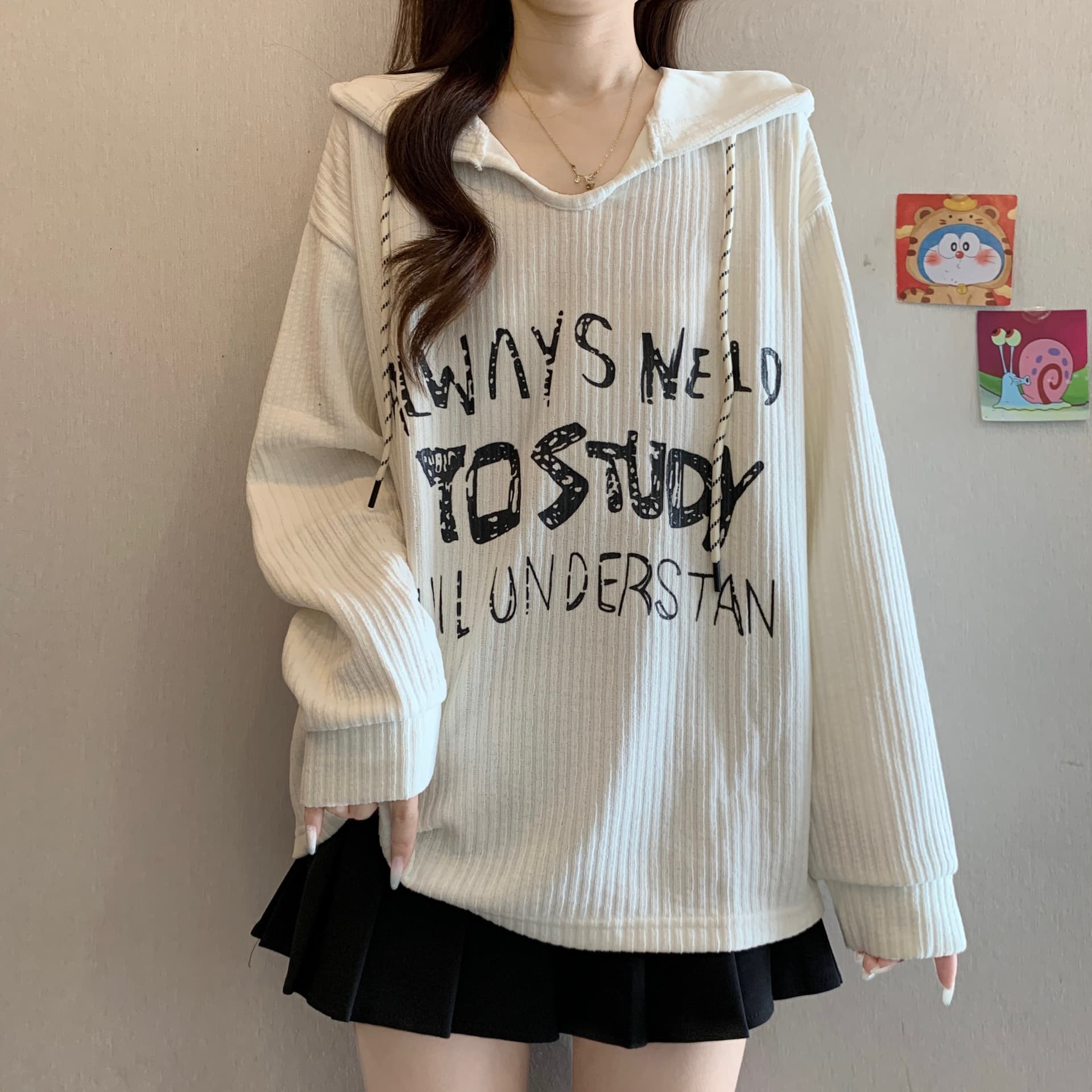 느긋한 바람 프린트 후드 긍정적 인 어깨 긴팔 후드티 여성 가을 겨울 새로운 지방 mm 루즈핏 표지 배 연령 감소 다용도 맨위 이미지 3