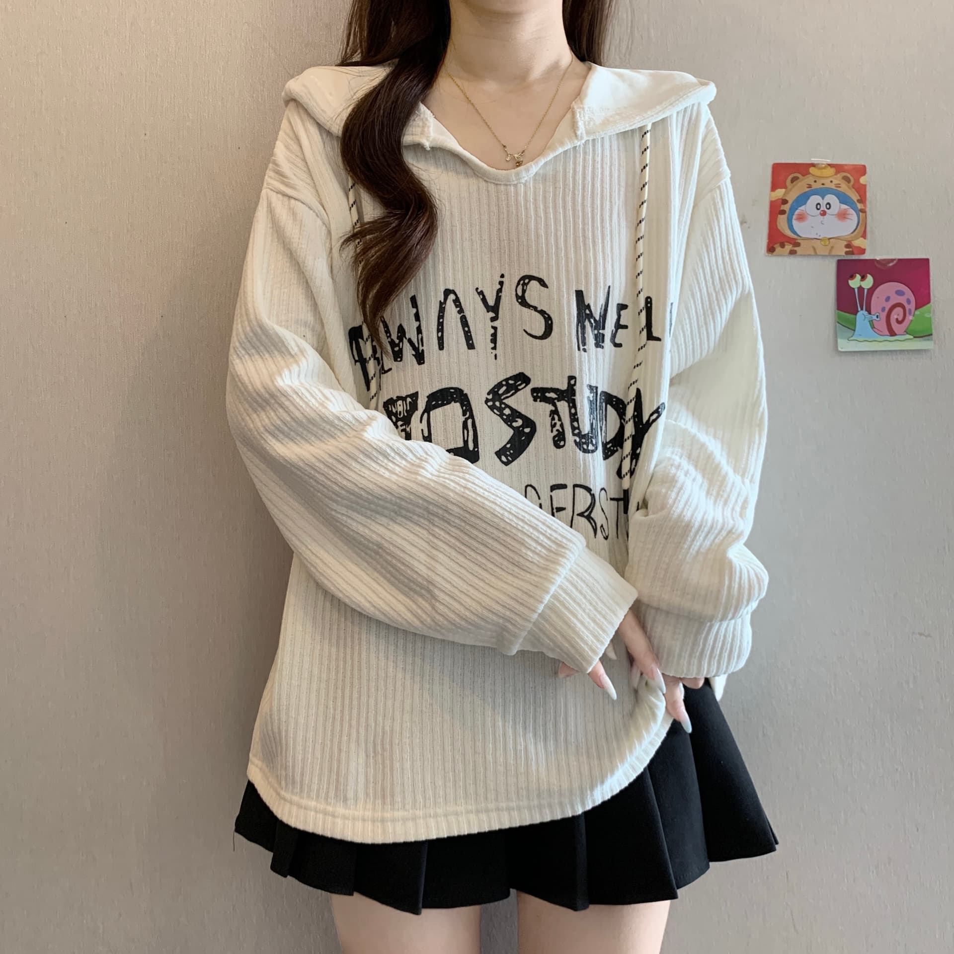 느긋한 바람 프린트 후드 긍정적 인 어깨 긴팔 후드티 여성 가을 겨울 새로운 지방 mm 루즈핏 표지 배 연령 감소 다용도 맨위 이미지 6