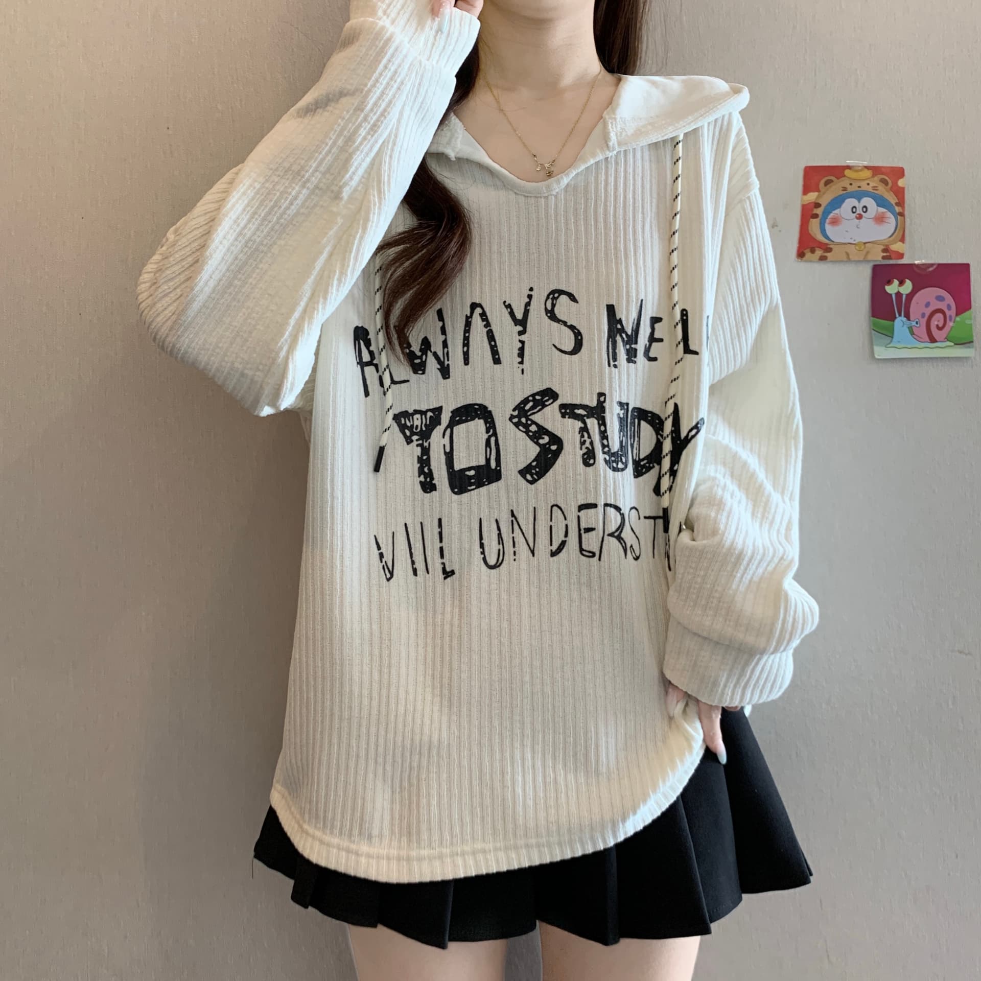 느긋한 바람 프린트 후드 긍정적 인 어깨 긴팔 후드티 여성 가을 겨울 새로운 지방 mm 루즈핏 표지 배 연령 감소 다용도 맨위 상세 이미지 3