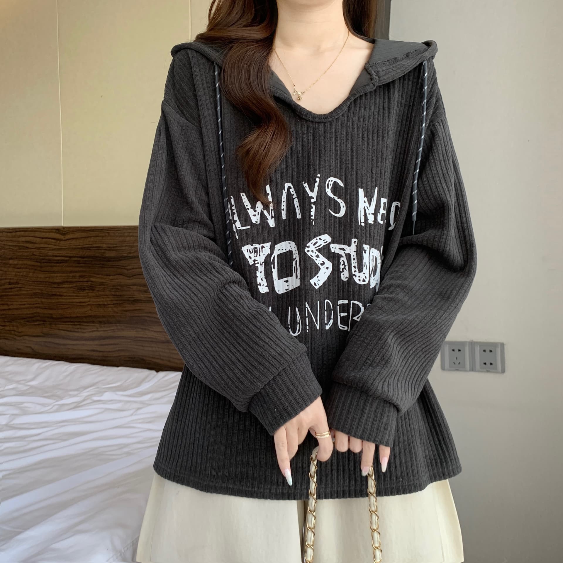 느긋한 바람 프린트 후드 긍정적 인 어깨 긴팔 후드티 여성 가을 겨울 새로운 지방 mm 루즈핏 표지 배 연령 감소 다용도 맨위 상세 이미지 24