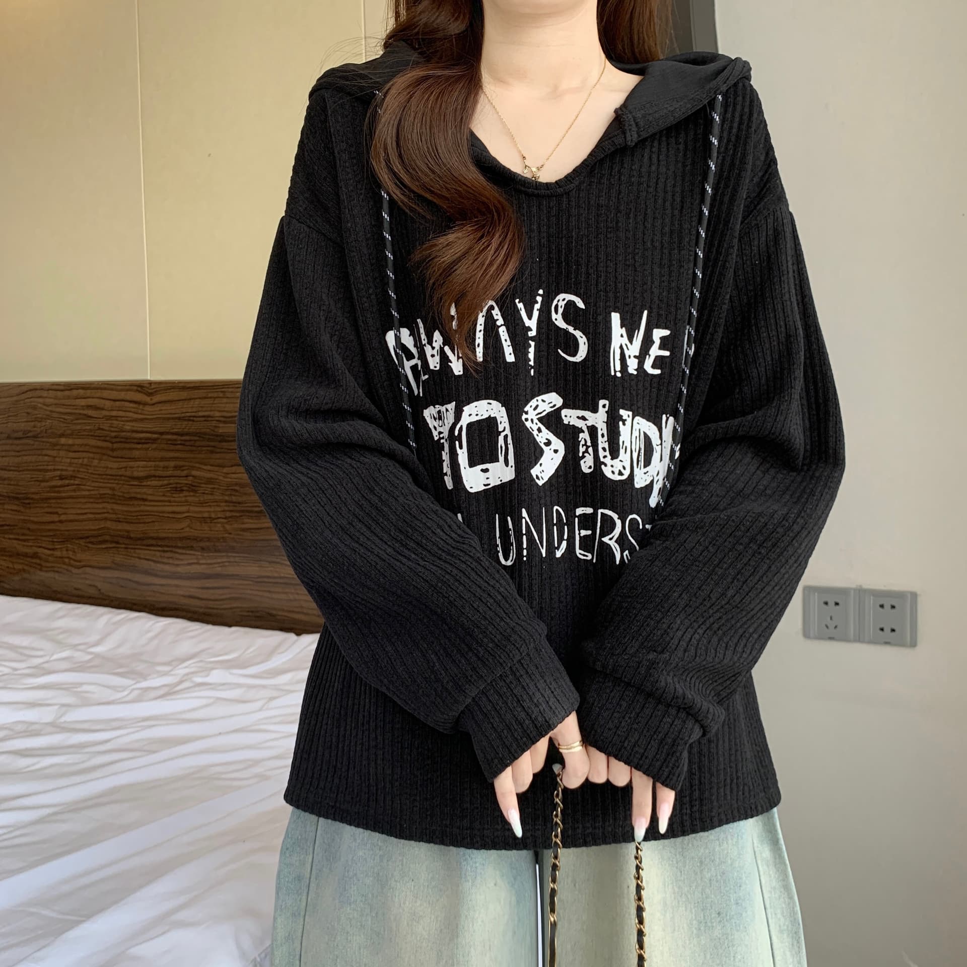 느긋한 바람 프린트 후드 긍정적 인 어깨 긴팔 후드티 여성 가을 겨울 새로운 지방 mm 루즈핏 표지 배 연령 감소 다용도 맨위 상세 이미지 9