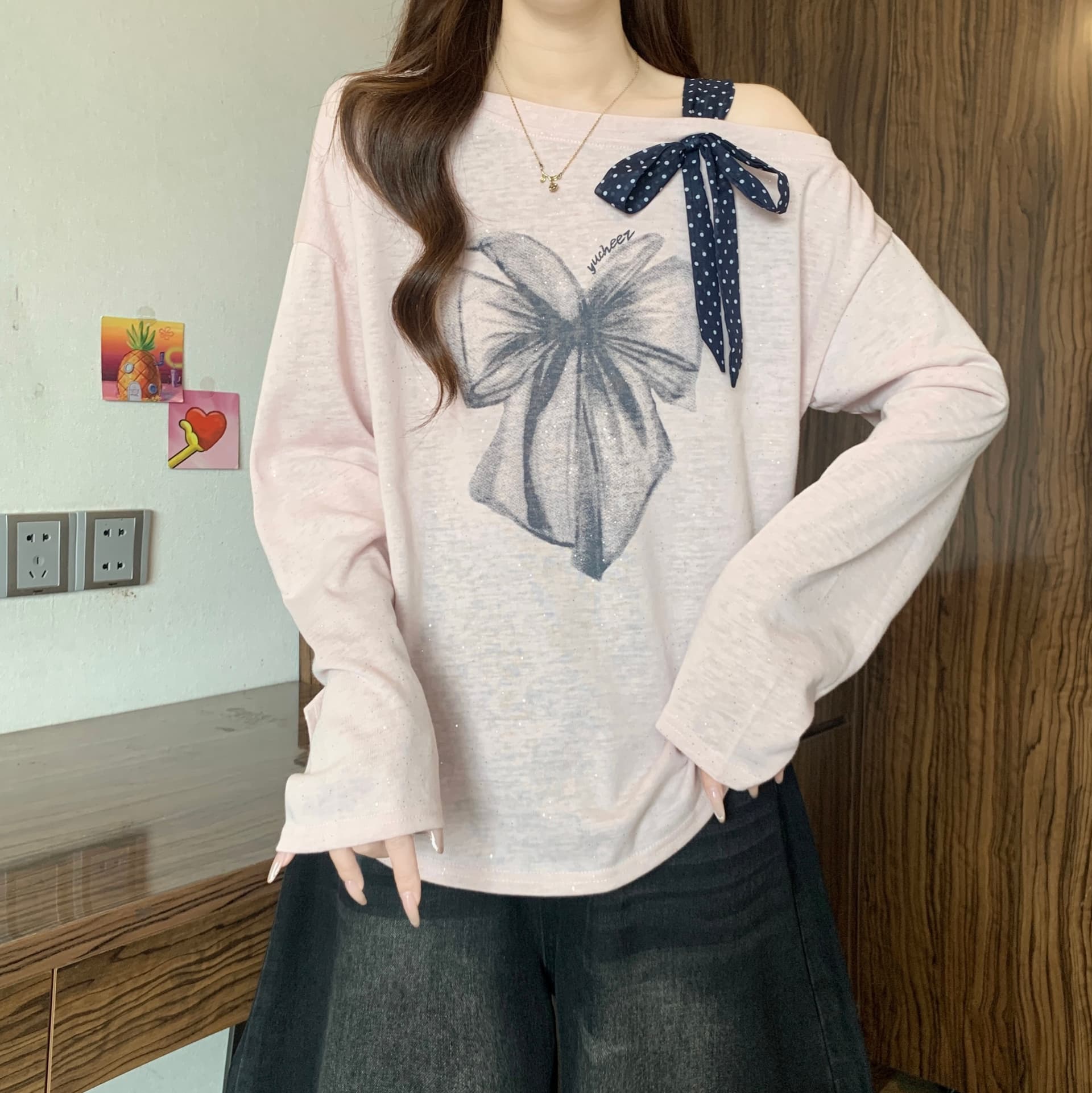 도트 무늬 나비 매듭 오프숄더 프린트 긴팔 티셔츠 여성 가을 새로운 지방 mm 패션 연령 감소 자이언트 잘 생긴 슬림해 보이는 맨위 상세 이미지 13