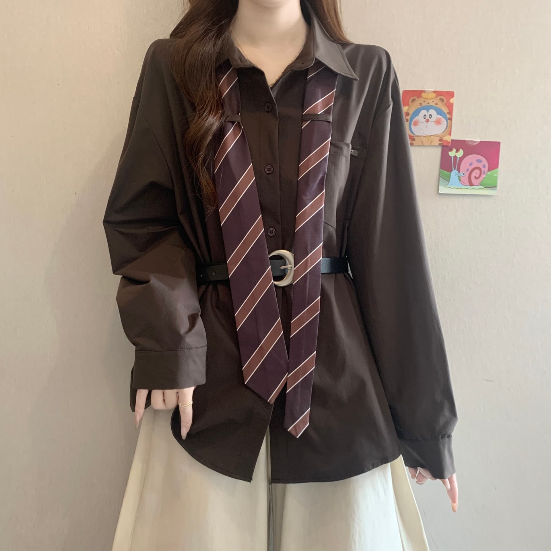디자인 센스 스트라이프 넥타이 POLO 칼라 긴팔 여성 셔츠 가을 새로운 지방 mm 품격 슬림해 보이는 고유 한 다용도 맨위 이미지 4