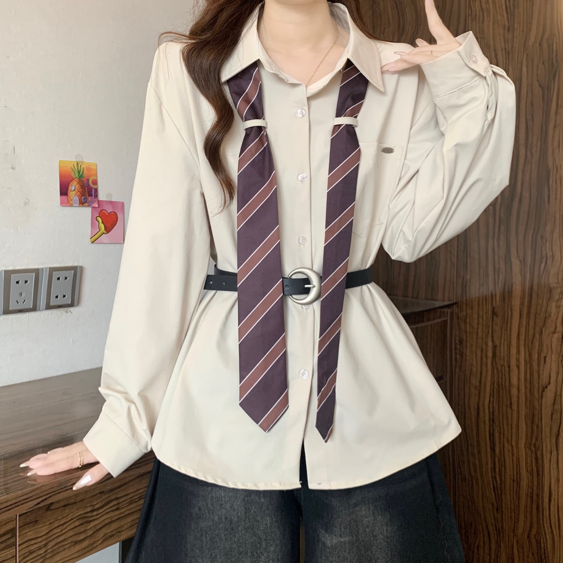 디자인 센스 스트라이프 넥타이 POLO 칼라 긴팔 여성 셔츠 가을 새로운 지방 mm 품격 슬림해 보이는 고유 한 다용도 맨위 이미지 5