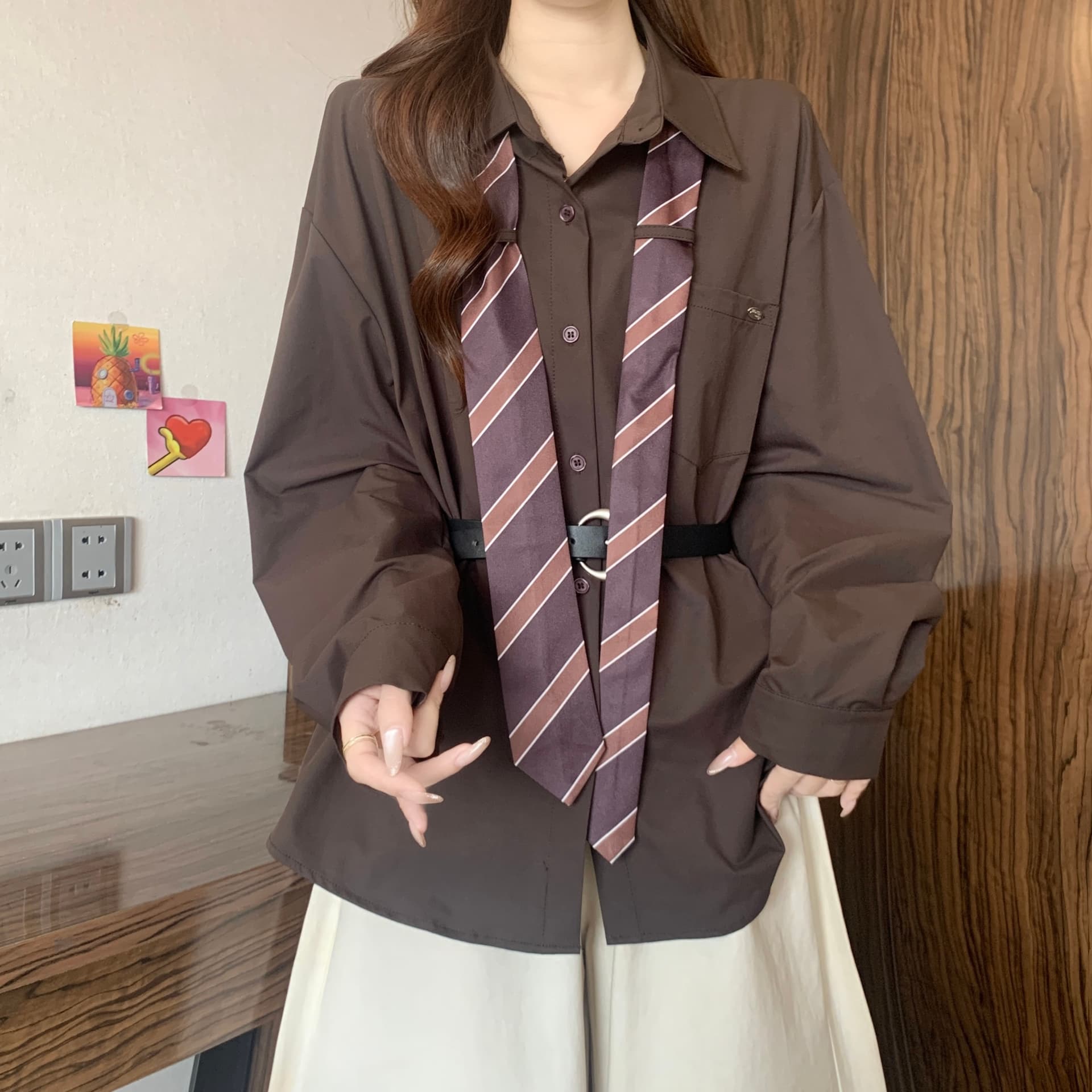 디자인 센스 스트라이프 넥타이 POLO 칼라 긴팔 여성 셔츠 가을 새로운 지방 mm 품격 슬림해 보이는 고유 한 다용도 맨위 상세 이미지 7