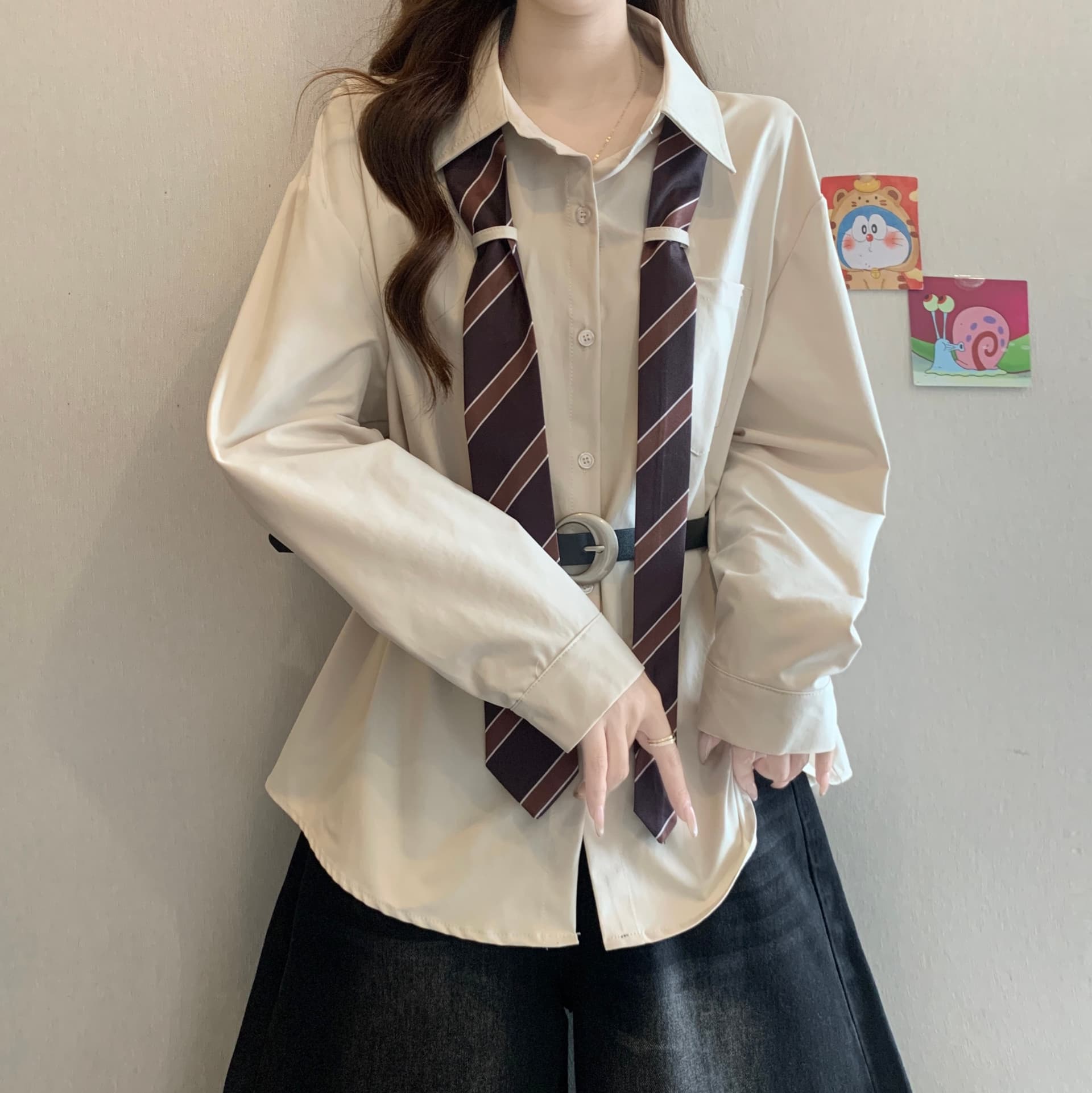 디자인 센스 스트라이프 넥타이 POLO 칼라 긴팔 여성 셔츠 가을 새로운 지방 mm 품격 슬림해 보이는 고유 한 다용도 맨위 상세 이미지 4