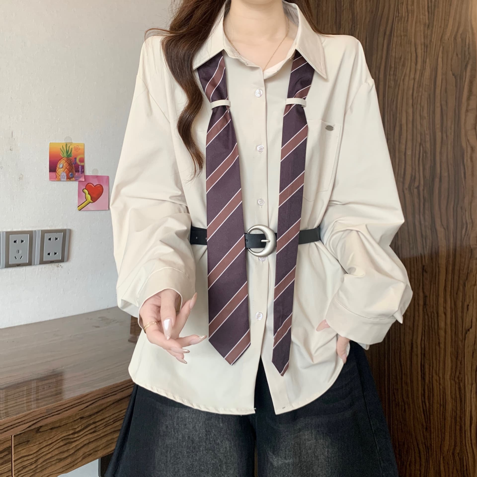 디자인 센스 스트라이프 넥타이 POLO 칼라 긴팔 여성 셔츠 가을 새로운 지방 mm 품격 슬림해 보이는 고유 한 다용도 맨위 상세 이미지 7
