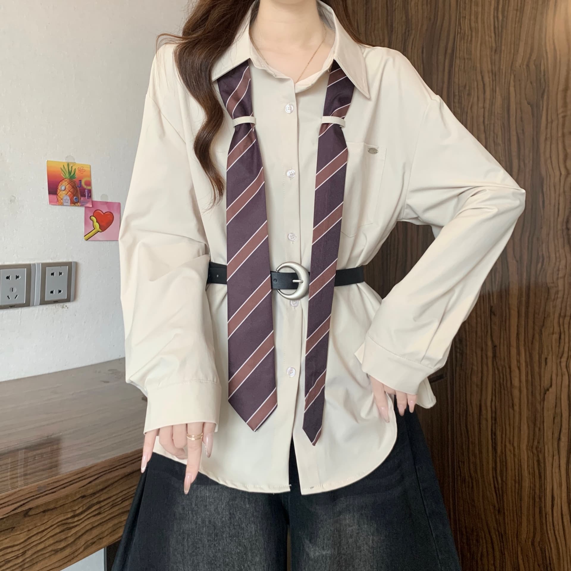 디자인 센스 스트라이프 넥타이 POLO 칼라 긴팔 여성 셔츠 가을 새로운 지방 mm 품격 슬림해 보이는 고유 한 다용도 맨위 상세 이미지 8