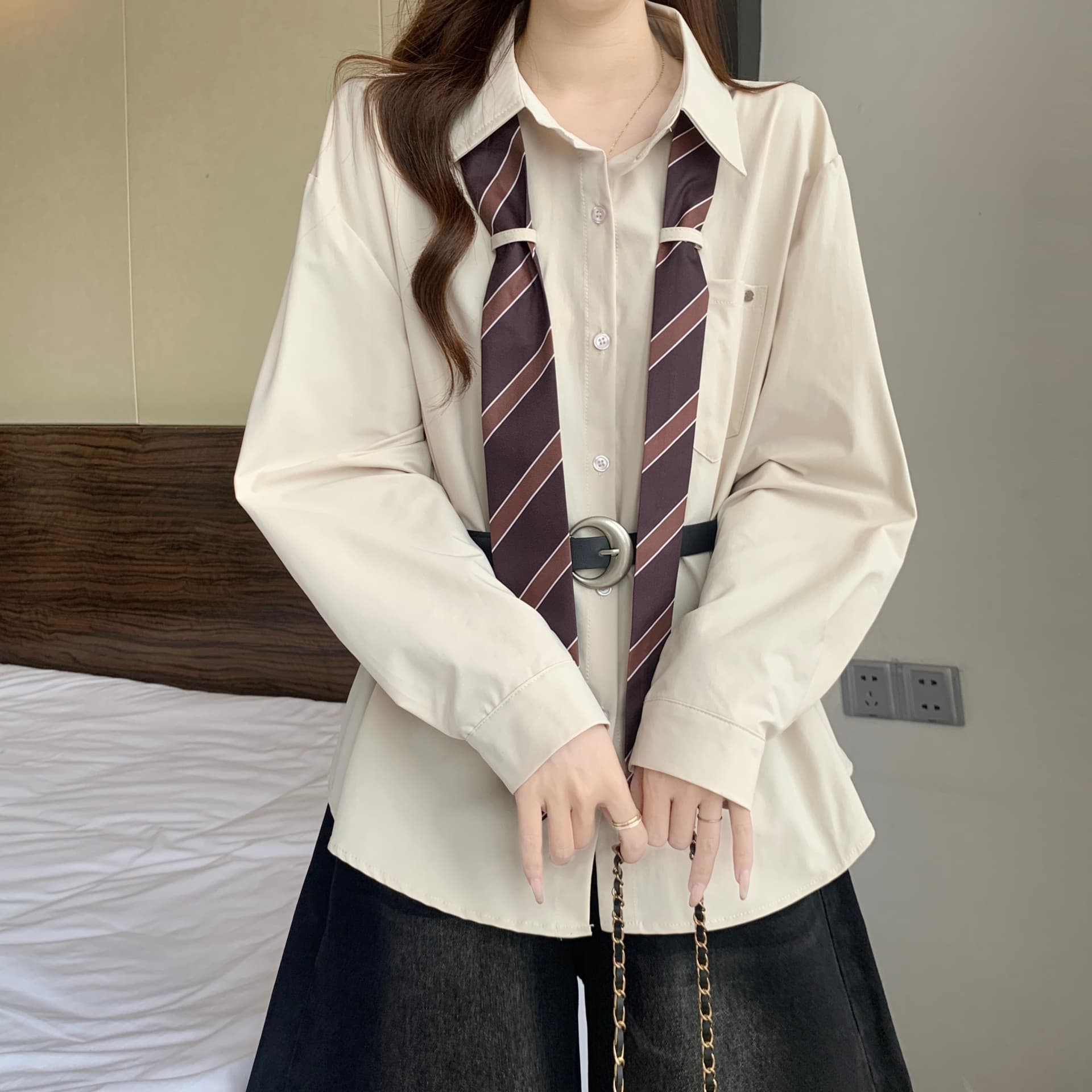 디자인 센스 스트라이프 넥타이 POLO 칼라 긴팔 여성 셔츠 가을 새로운 지방 mm 품격 슬림해 보이는 고유 한 다용도 맨위 상세 이미지 9