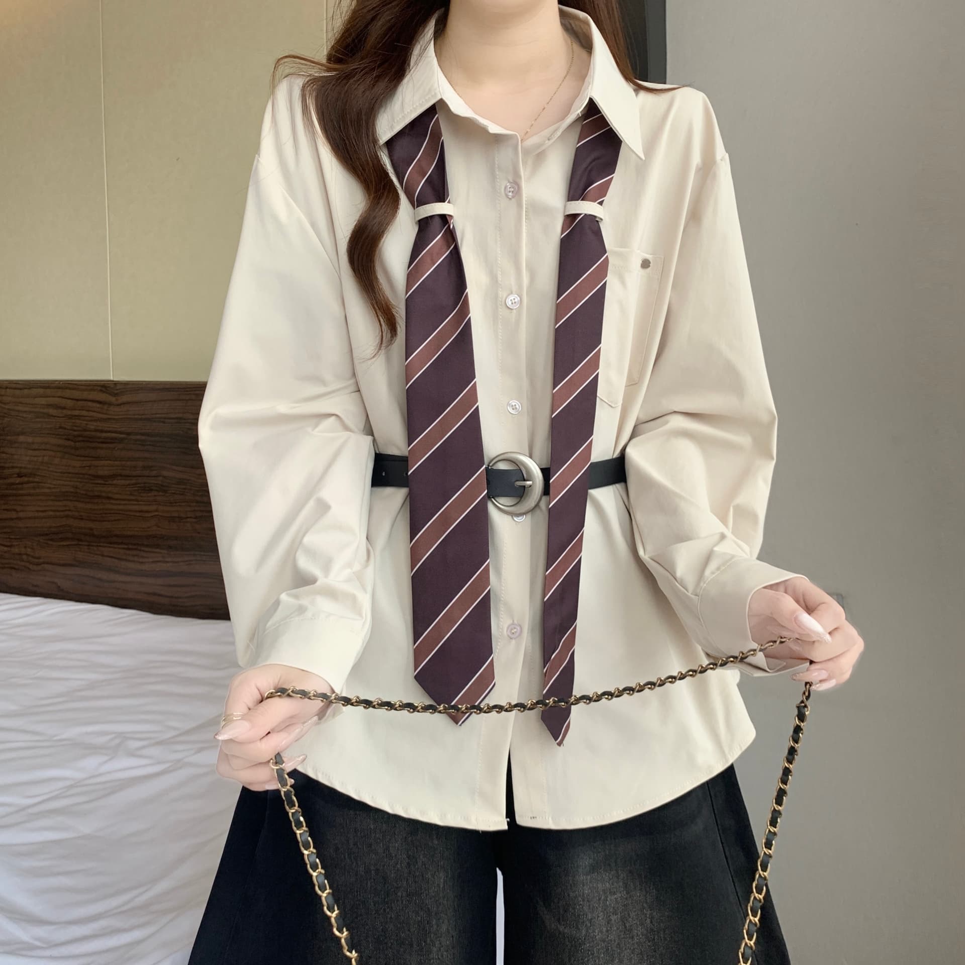 디자인 센스 스트라이프 넥타이 POLO 칼라 긴팔 여성 셔츠 가을 새로운 지방 mm 품격 슬림해 보이는 고유 한 다용도 맨위 상세 이미지 10