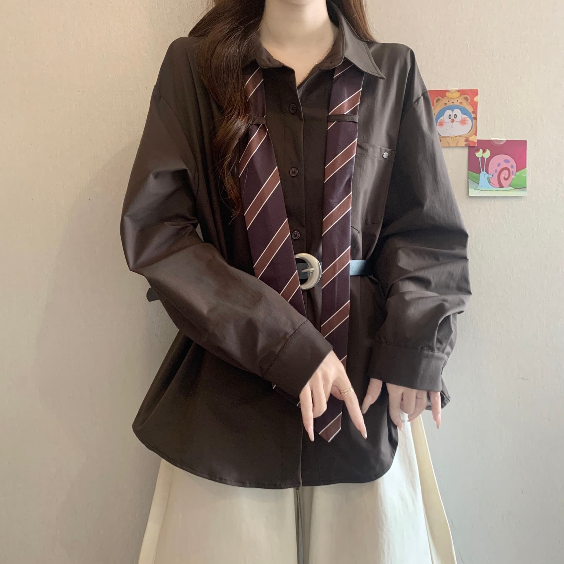 디자인 센스 스트라이프 넥타이 POLO 칼라 긴팔 여성 셔츠 가을 새로운 지방 mm 품격 슬림해 보이는 고유 한 다용도 맨위 상세 이미지 13