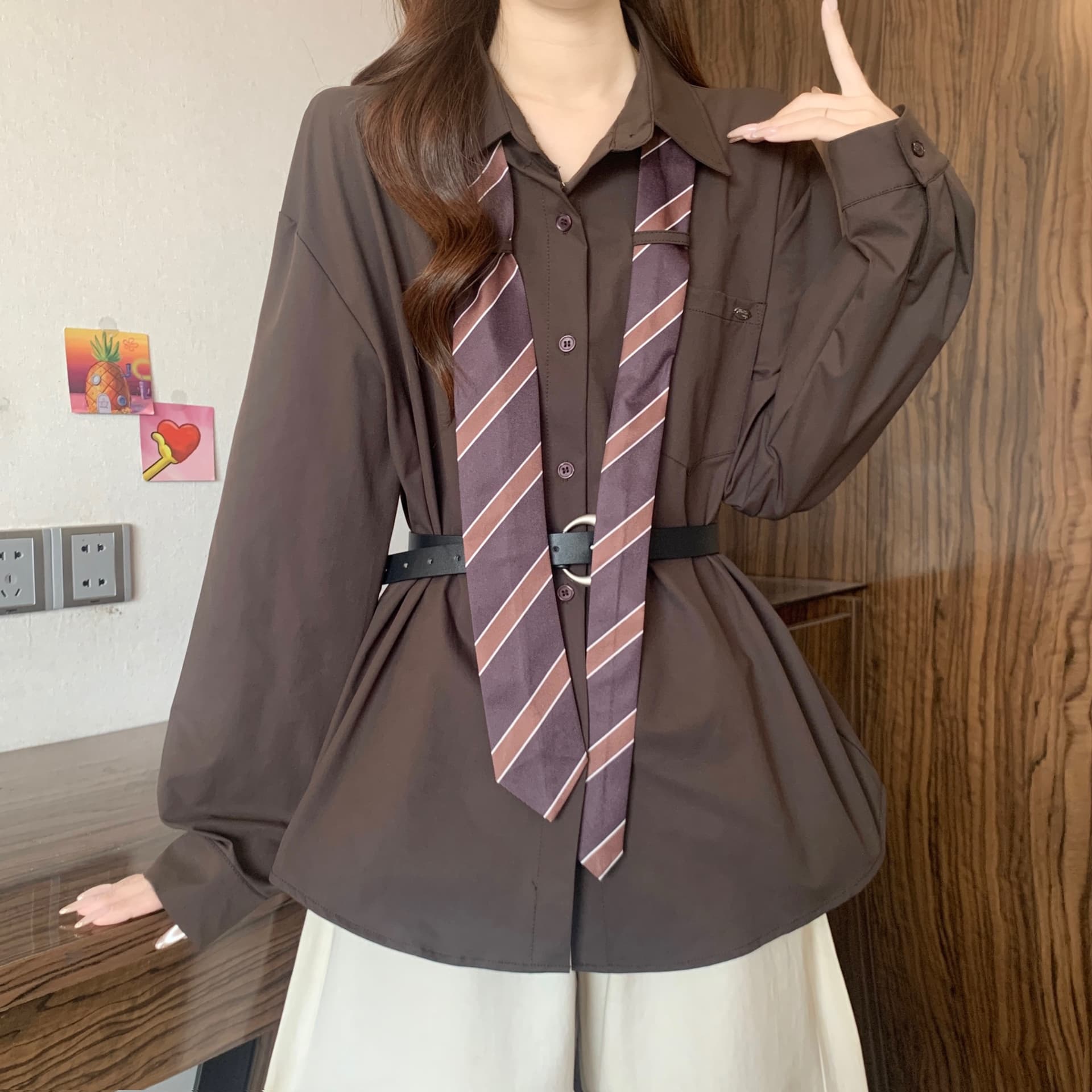 디자인 센스 스트라이프 넥타이 POLO 칼라 긴팔 여성 셔츠 가을 새로운 지방 mm 품격 슬림해 보이는 고유 한 다용도 맨위 상세 이미지 15