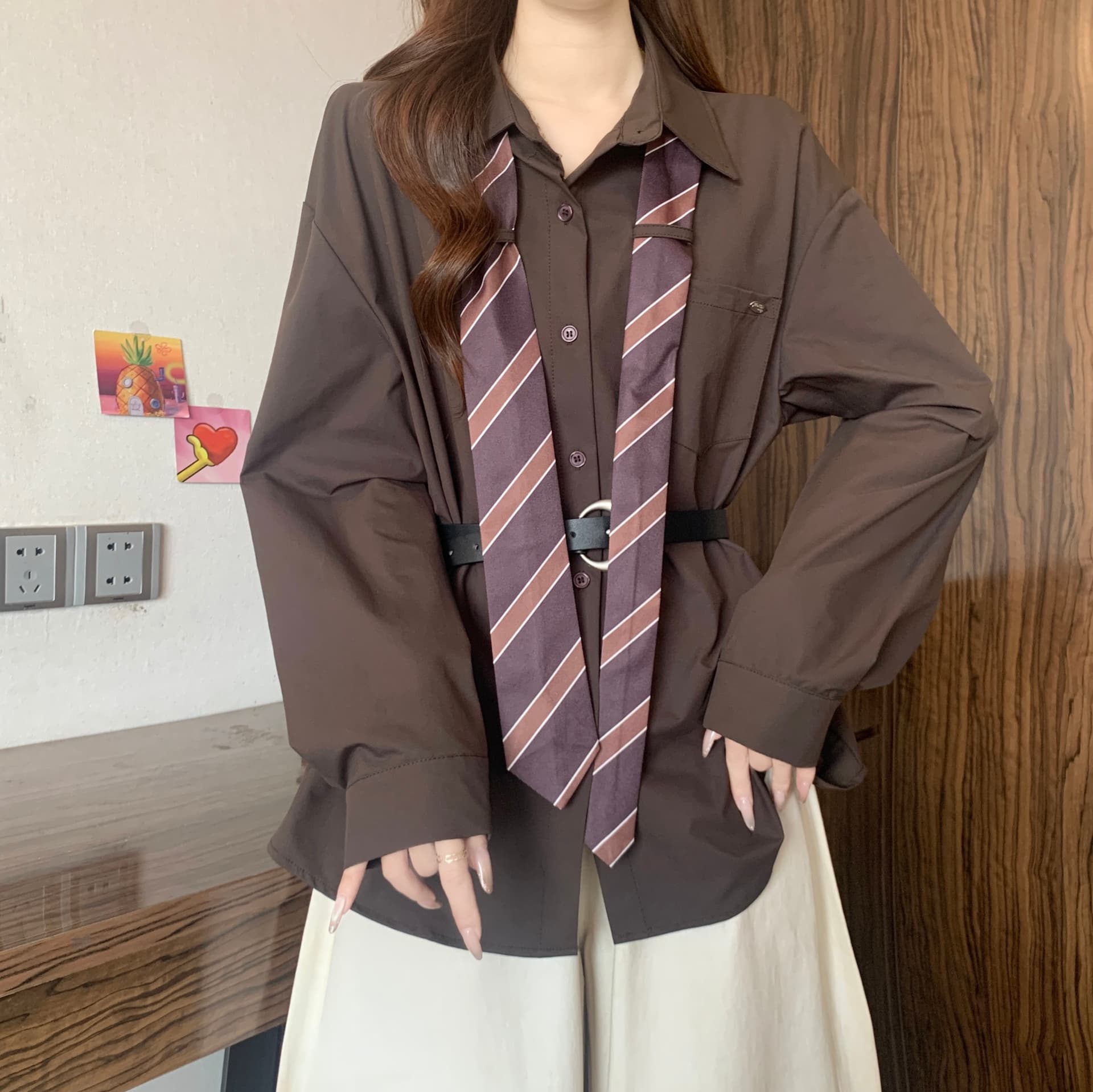 디자인 센스 스트라이프 넥타이 POLO 칼라 긴팔 여성 셔츠 가을 새로운 지방 mm 품격 슬림해 보이는 고유 한 다용도 맨위 상세 이미지 17
