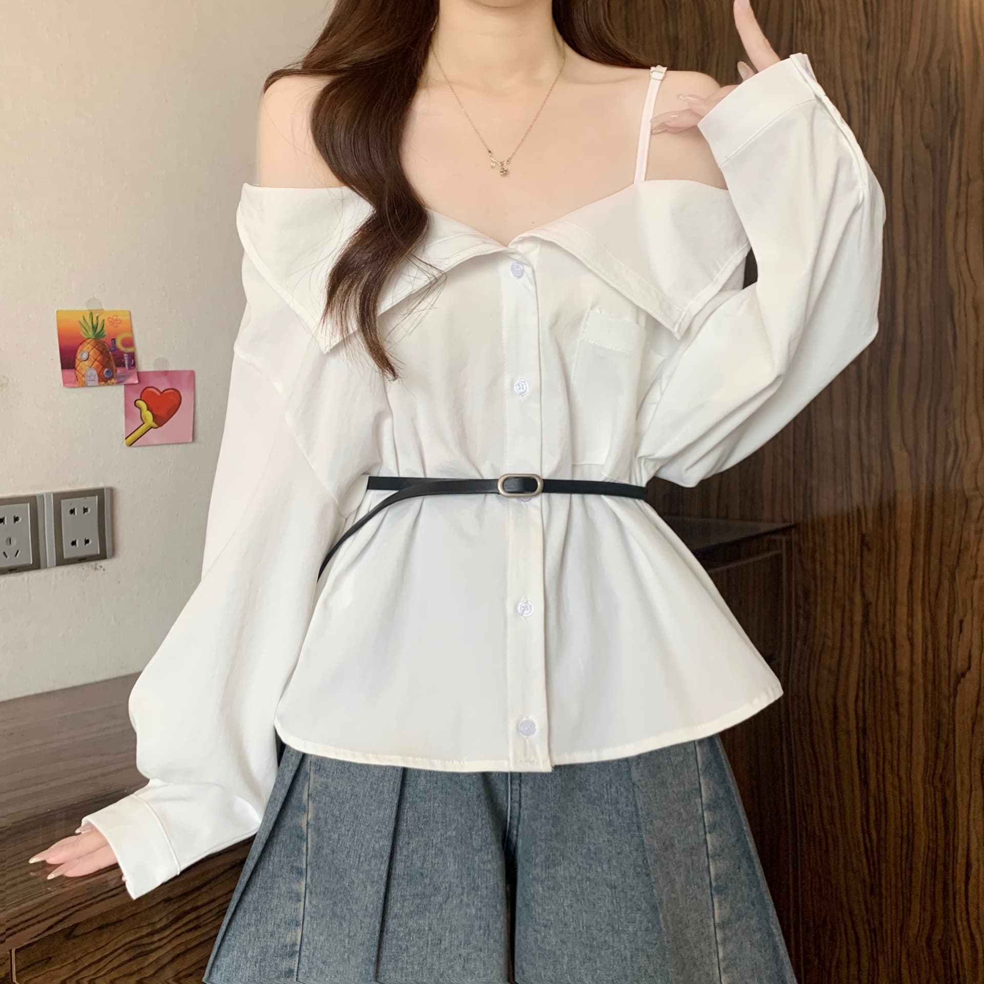고급 센스 빅 칼라 오프숄더 오프숄더 긴팔 여성 셔츠 가을 새로운 지방 mm 품격 슬림해 보이는 그레이트 봐. 의류 이미지 6