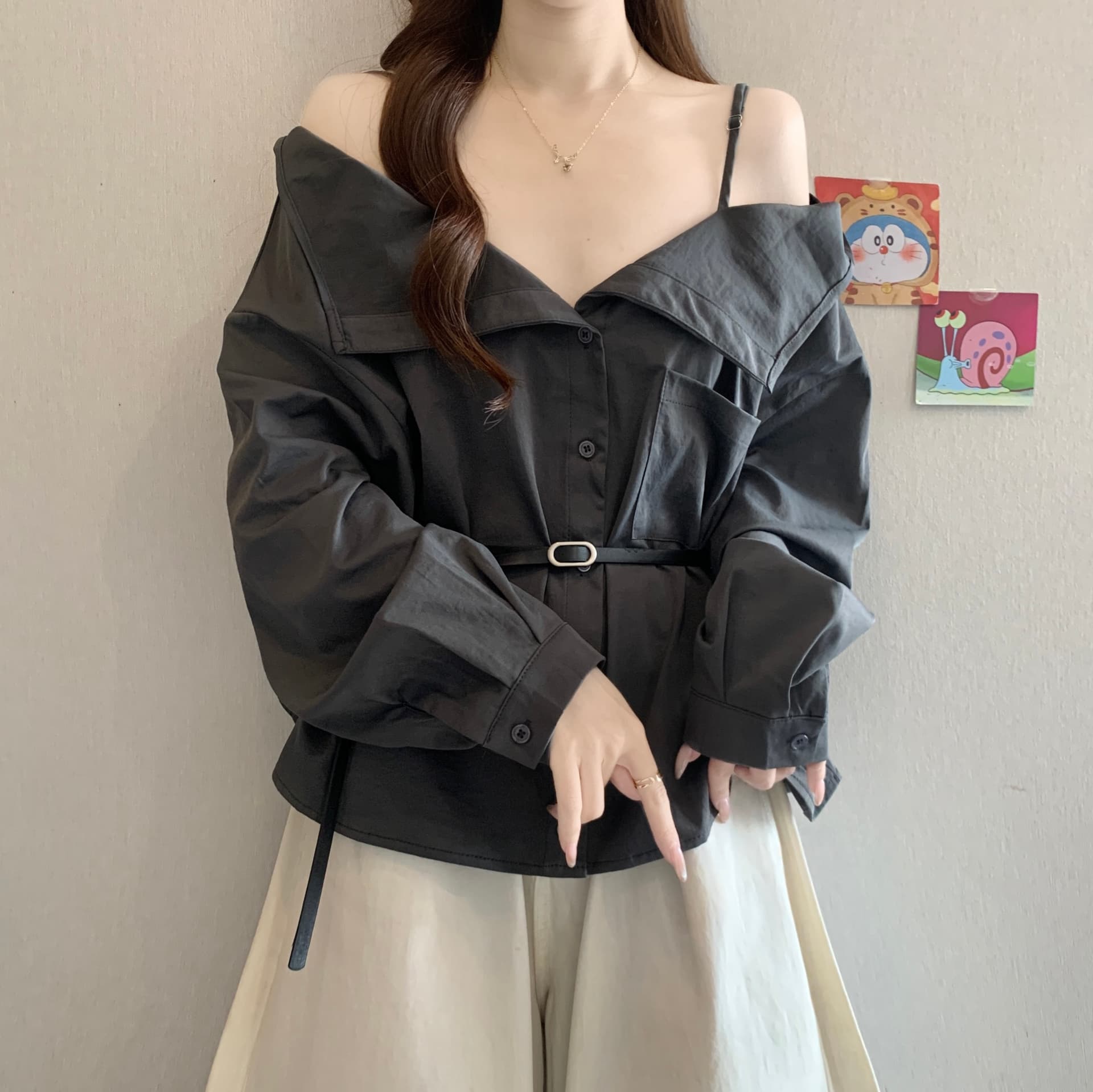 고급 센스 빅 칼라 오프숄더 오프숄더 긴팔 여성 셔츠 가을 새로운 지방 mm 품격 슬림해 보이는 그레이트 봐. 의류 상세 이미지 4