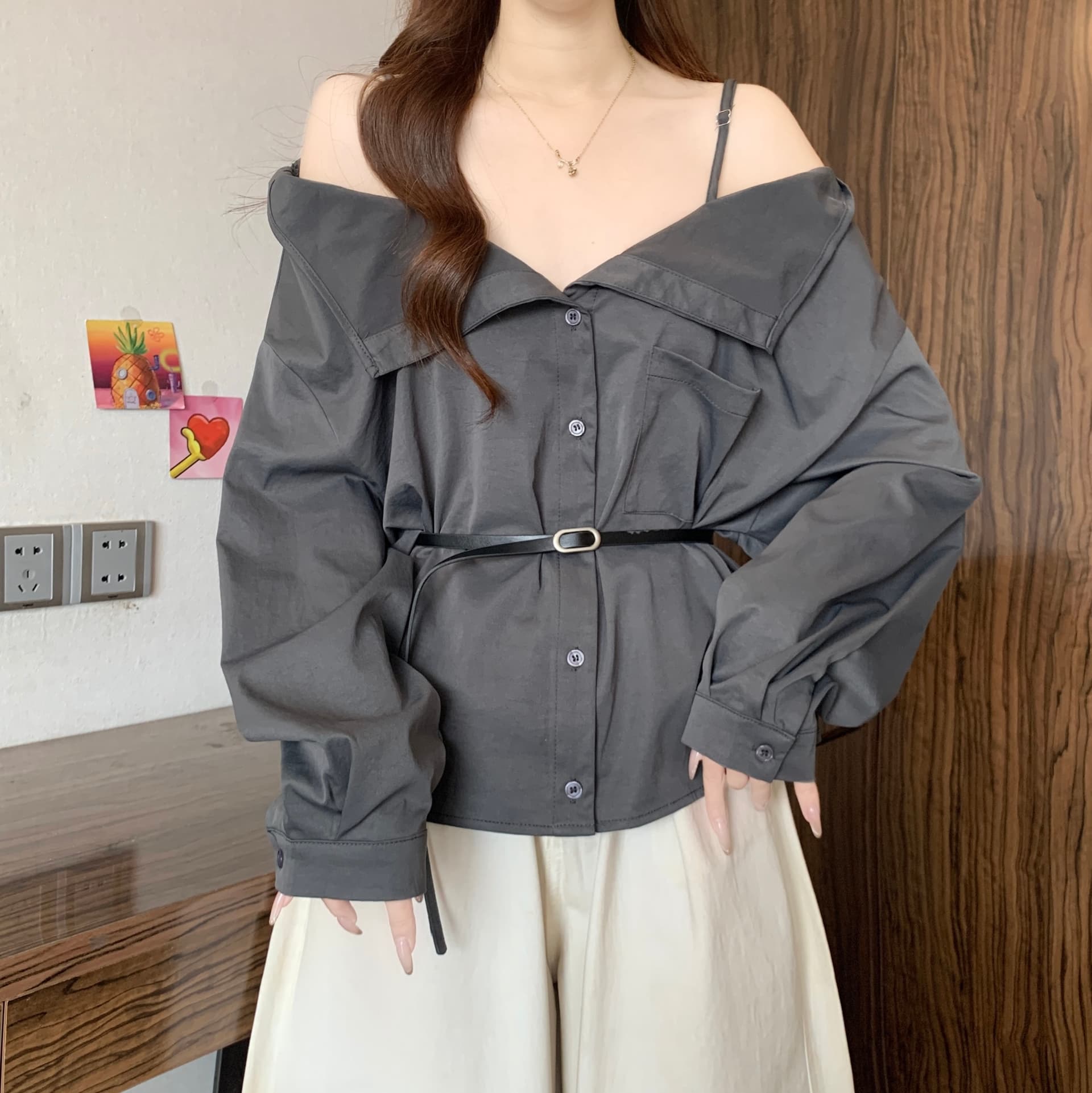 고급 센스 빅 칼라 오프숄더 오프숄더 긴팔 여성 셔츠 가을 새로운 지방 mm 품격 슬림해 보이는 그레이트 봐. 의류 상세 이미지 8