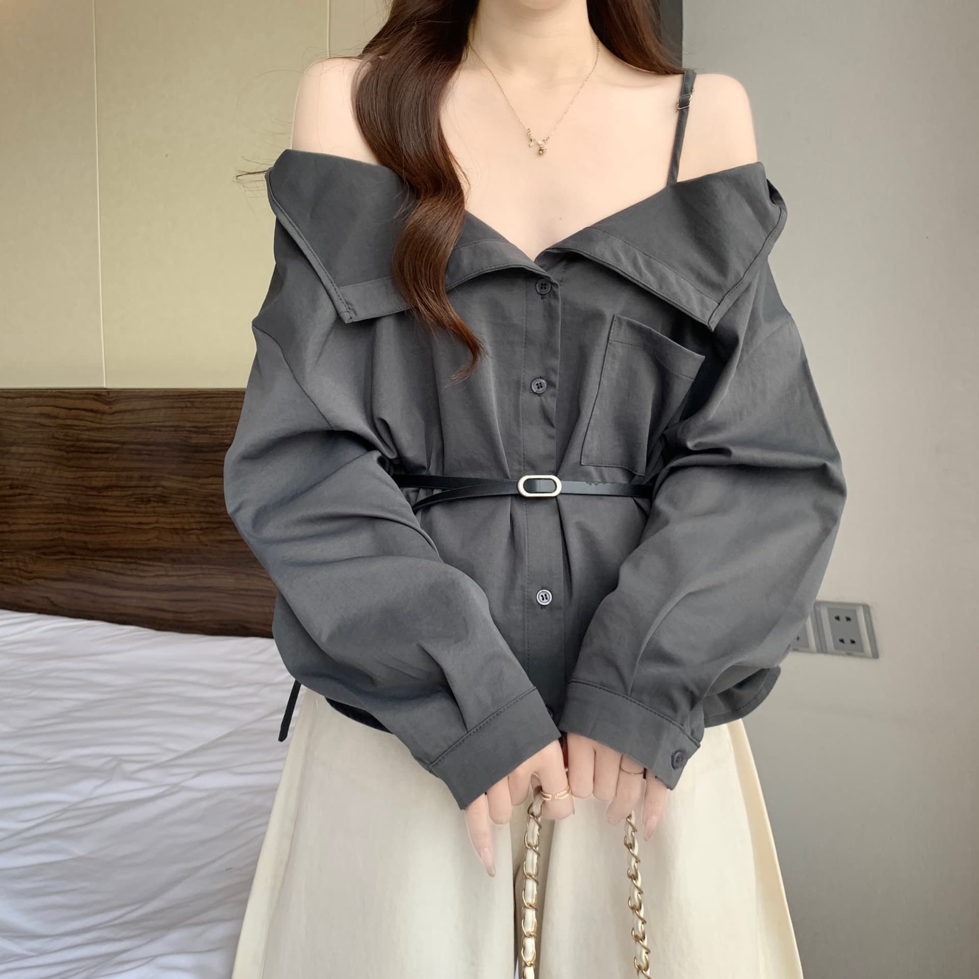 고급 센스 빅 칼라 오프숄더 오프숄더 긴팔 여성 셔츠 가을 새로운 지방 mm 품격 슬림해 보이는 그레이트 봐. 의류 상세 이미지 9