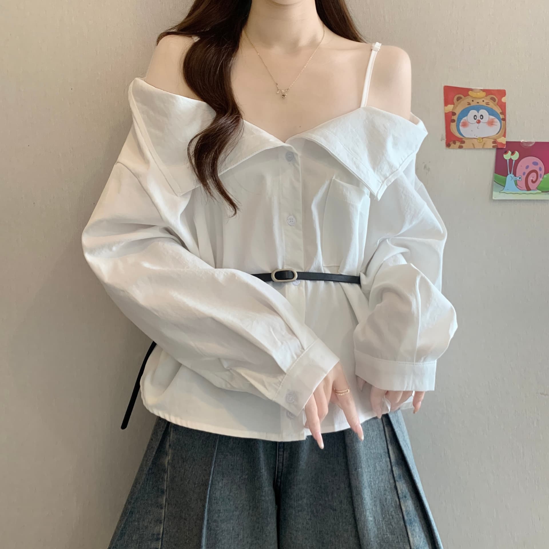 고급 센스 빅 칼라 오프숄더 오프숄더 긴팔 여성 셔츠 가을 새로운 지방 mm 품격 슬림해 보이는 그레이트 봐. 의류 상세 이미지 13