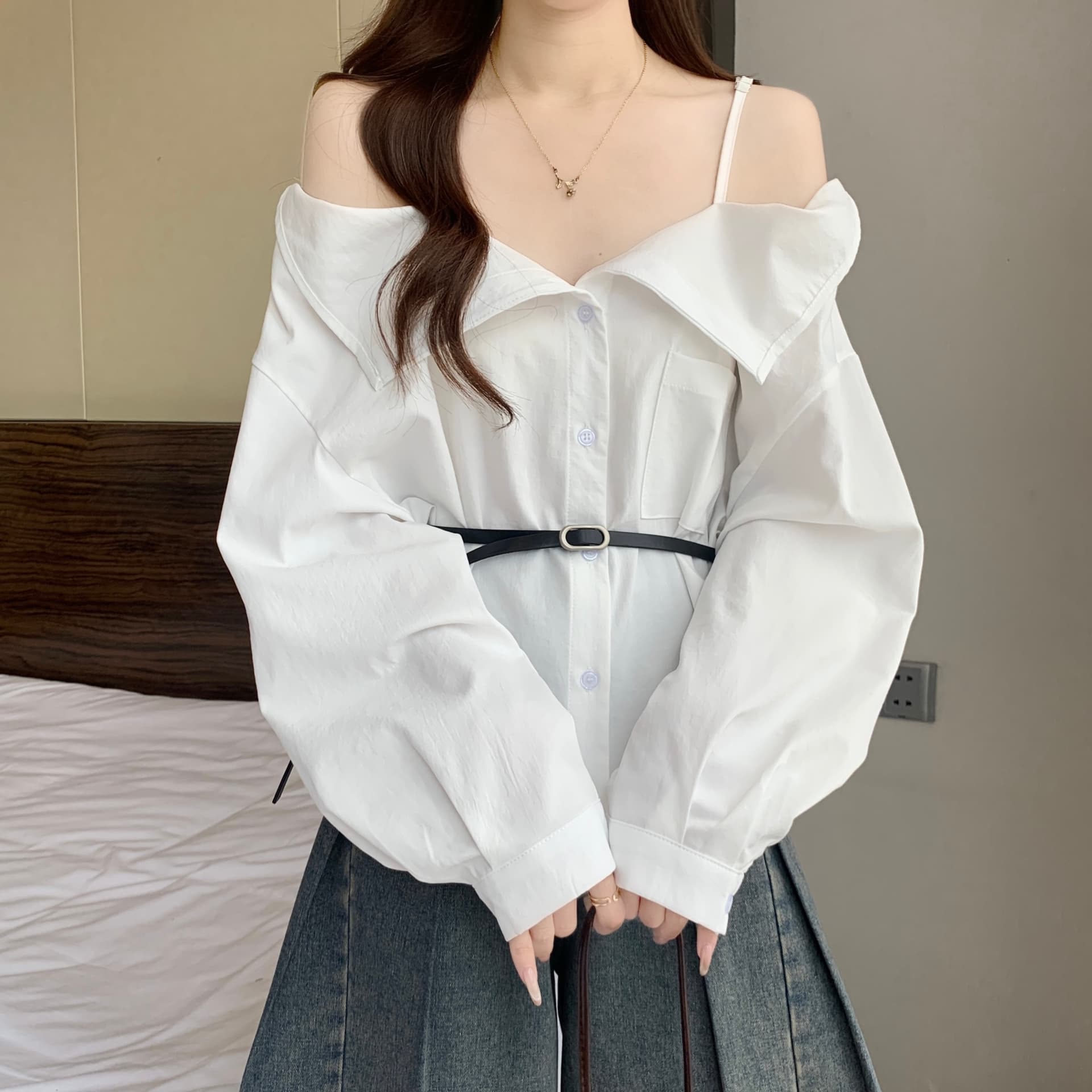 고급 센스 빅 칼라 오프숄더 오프숄더 긴팔 여성 셔츠 가을 새로운 지방 mm 품격 슬림해 보이는 그레이트 봐. 의류 상세 이미지 18