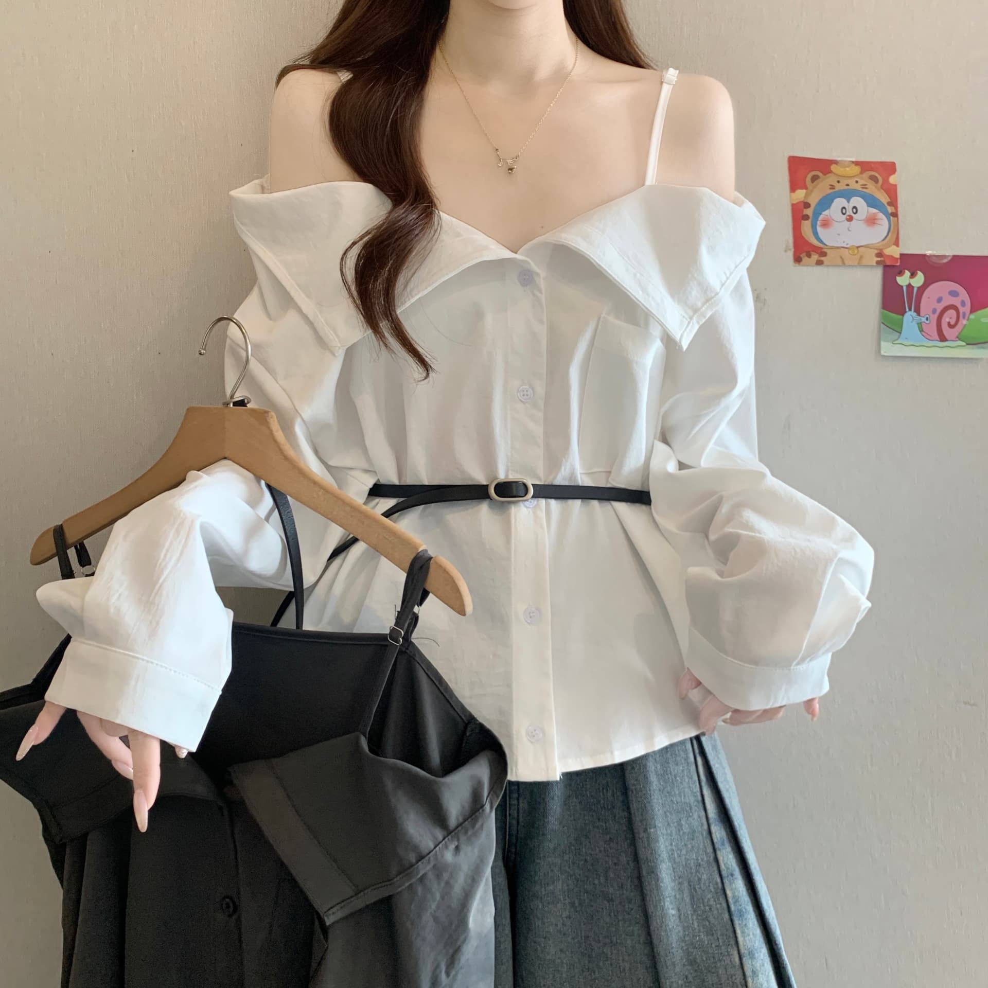 디자인 센스 빅 칼라 오프숄더 오프숄더 긴팔 여성 셔츠 가을 새로운 지방 mm 품격 슬림해 보이는 그레이트 봐. 의류 이미지 2