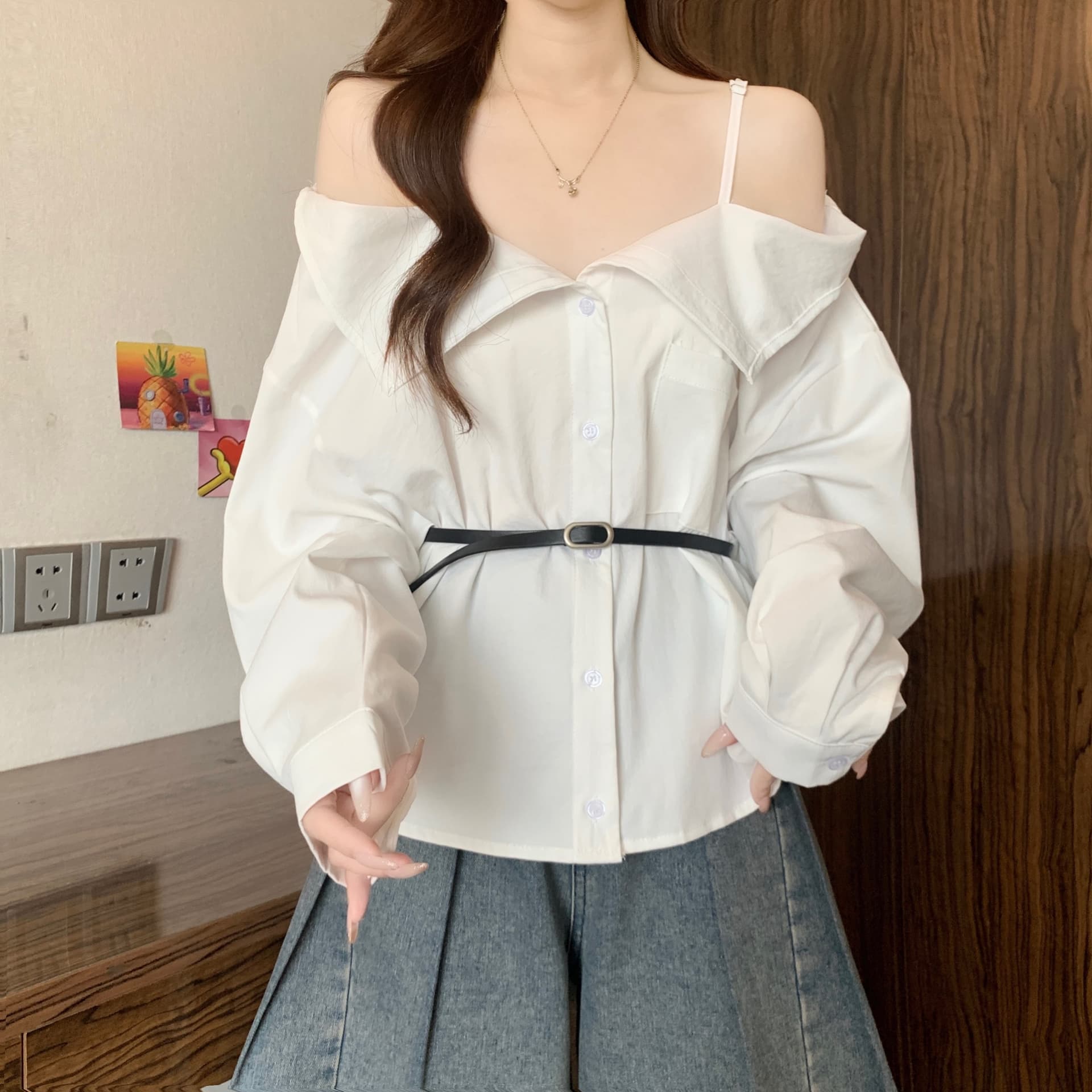 디자인 센스 빅 칼라 오프숄더 오프숄더 긴팔 여성 셔츠 가을 새로운 지방 mm 품격 슬림해 보이는 그레이트 봐. 의류 상세 이미지 7