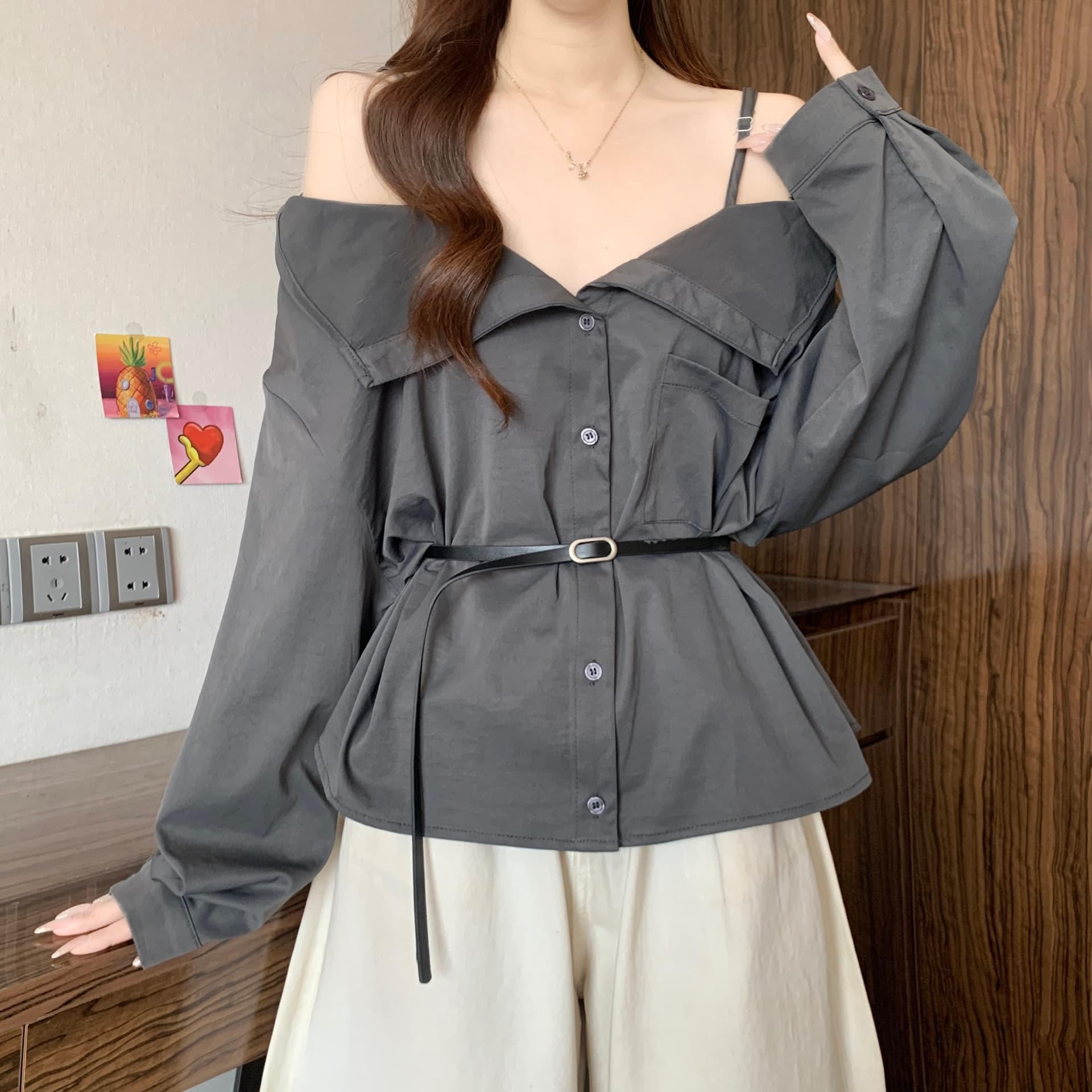 디자인 센스 빅 칼라 오프숄더 오프숄더 긴팔 여성 셔츠 가을 새로운 지방 mm 품격 슬림해 보이는 그레이트 봐. 의류 상세 이미지 15