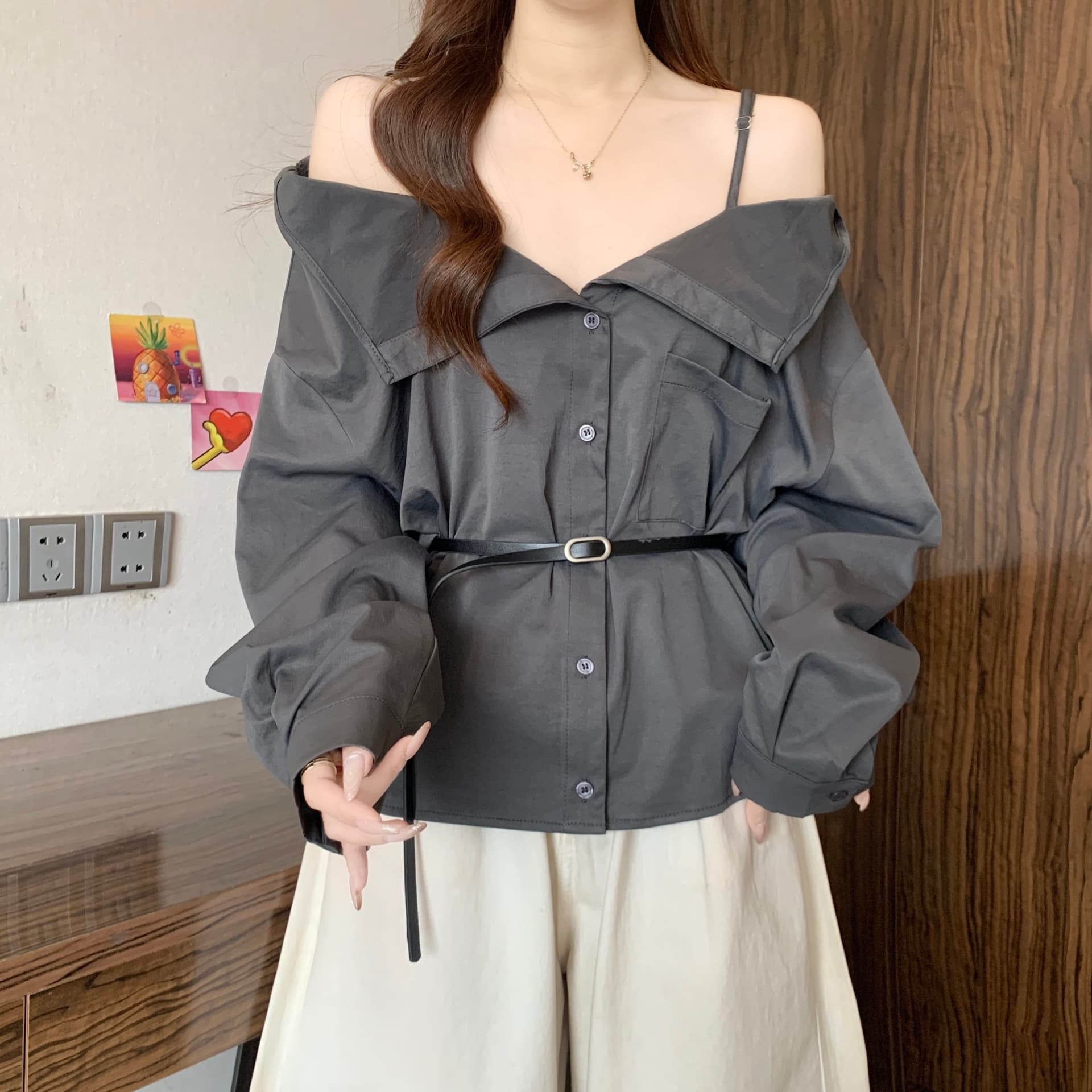 디자인 센스 빅 칼라 오프숄더 오프숄더 긴팔 여성 셔츠 가을 새로운 지방 mm 품격 슬림해 보이는 그레이트 봐. 의류 상세 이미지 16