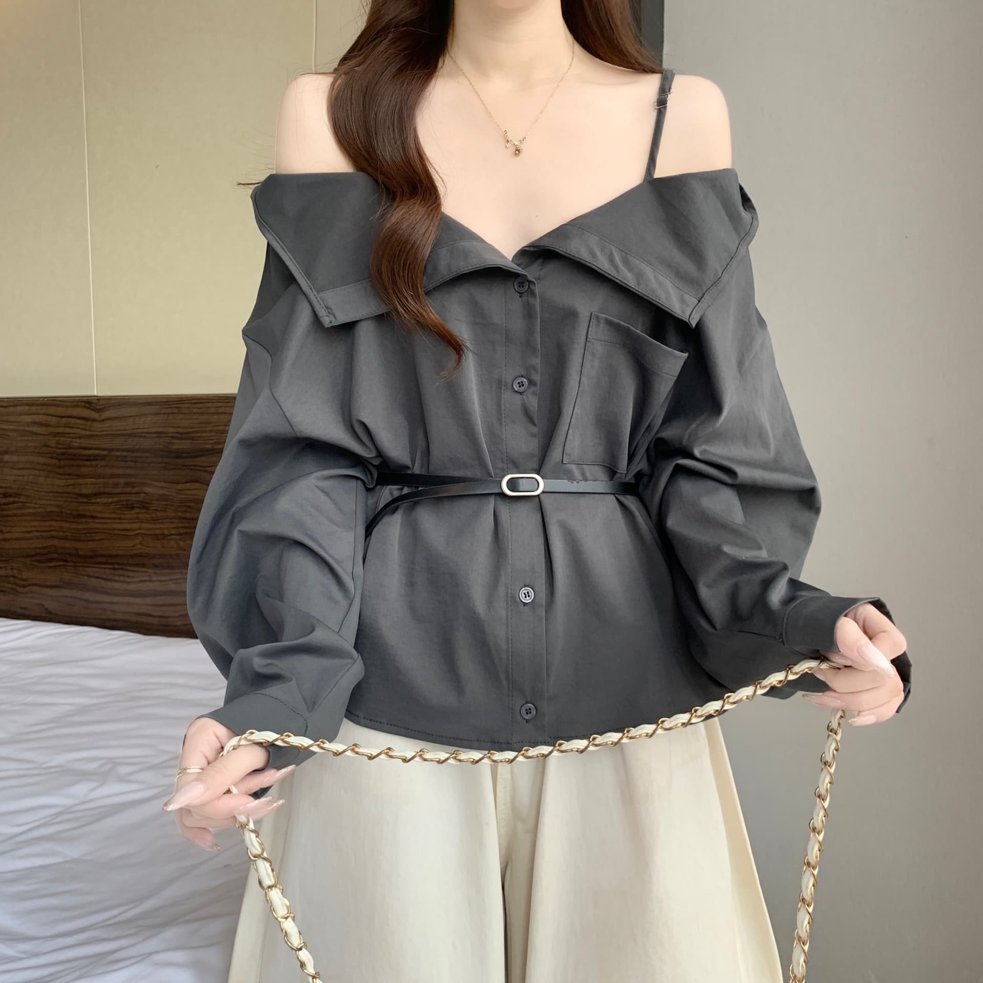 디자인 센스 빅 칼라 오프숄더 오프숄더 긴팔 여성 셔츠 가을 새로운 지방 mm 품격 슬림해 보이는 그레이트 봐. 의류 상세 이미지 19