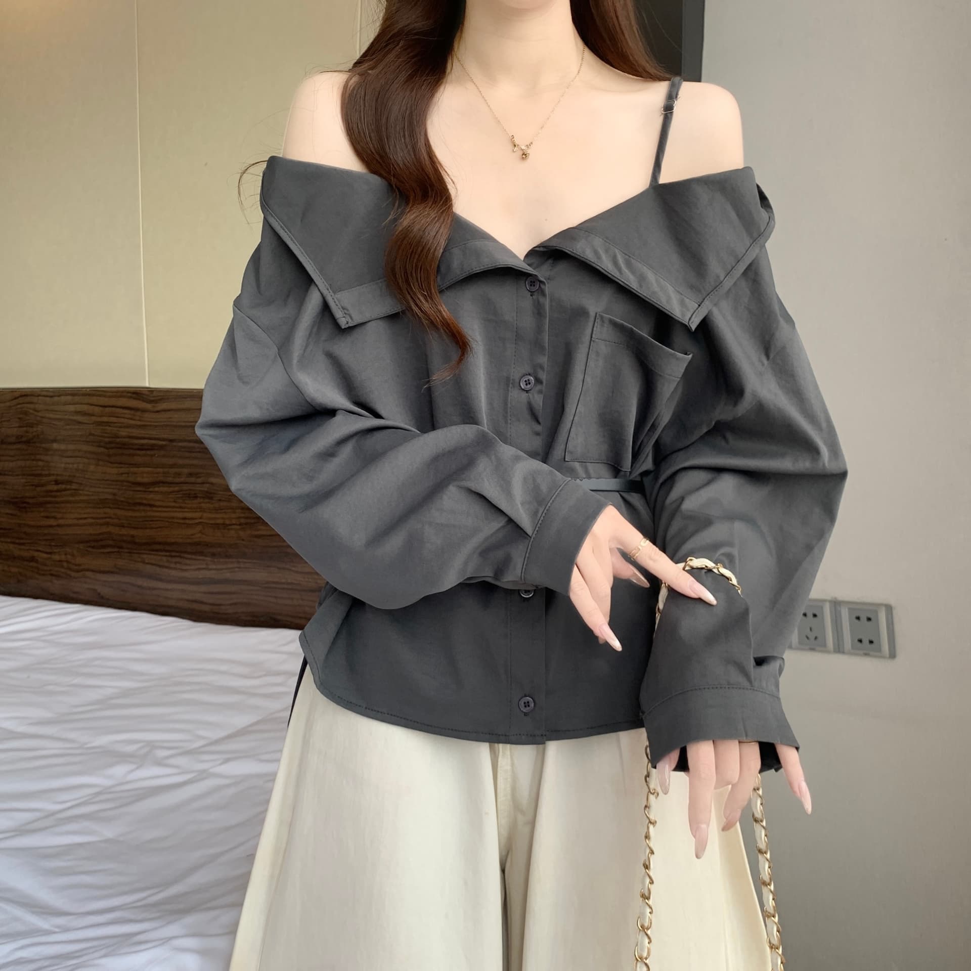 디자인 센스 빅 칼라 오프숄더 오프숄더 긴팔 여성 셔츠 가을 새로운 지방 mm 품격 슬림해 보이는 그레이트 봐. 의류 상세 이미지 20