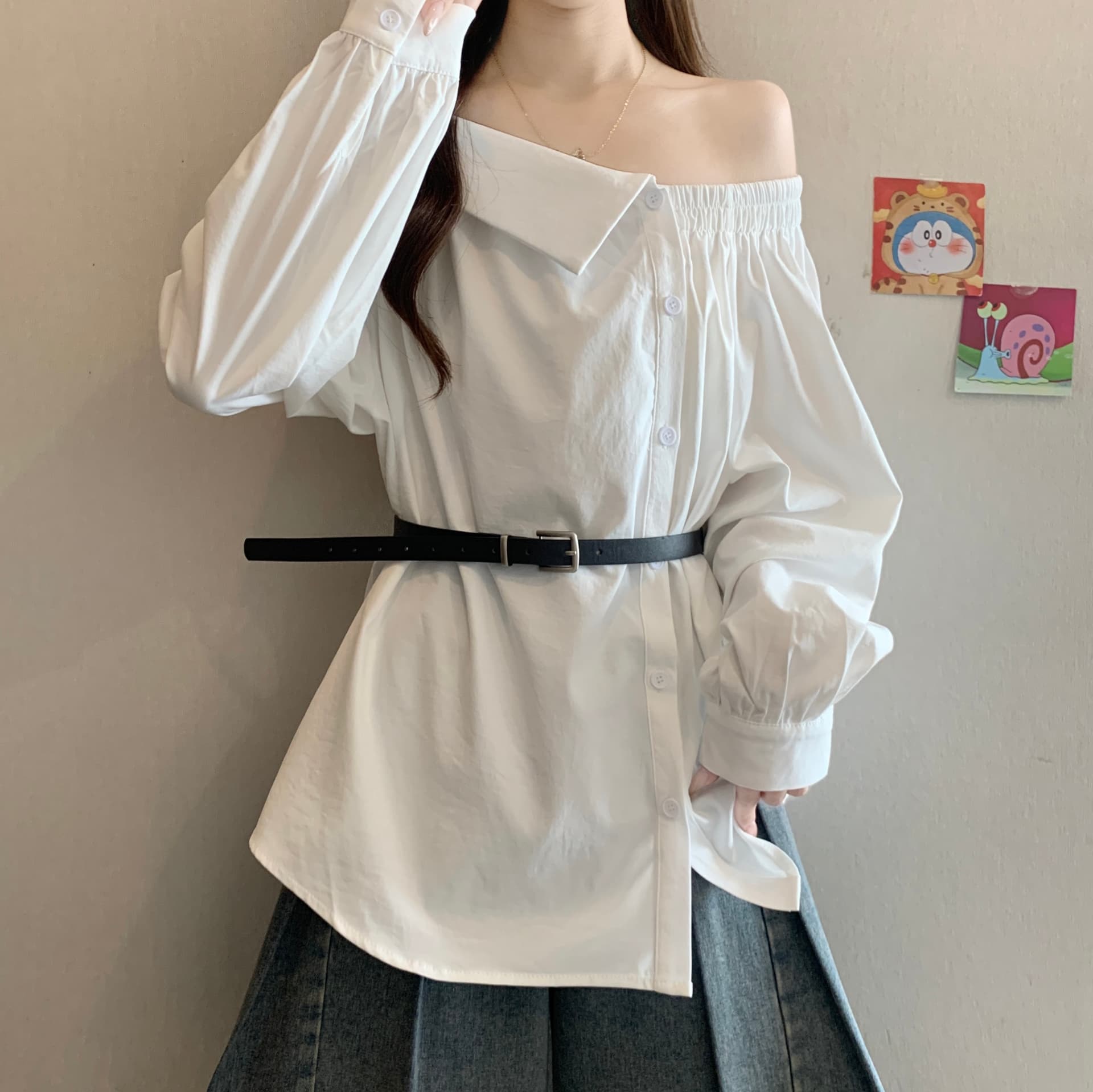 디자인 센스 Chic 폴로 칼라 오프숄더 긴팔 여성 셔츠 가을 새로운 지방 mm 품격 다용도 슬림해 보이는 고유 한 맨위 상세 이미지 3