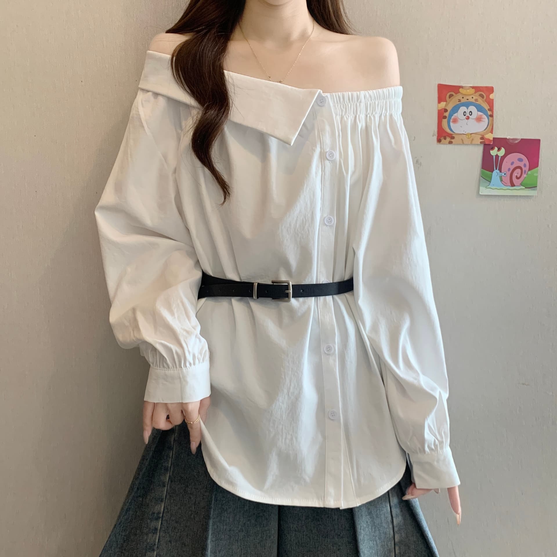 디자인 센스 Chic 폴로 칼라 오프숄더 긴팔 여성 셔츠 가을 새로운 지방 mm 품격 다용도 슬림해 보이는 고유 한 맨위 상세 이미지 5