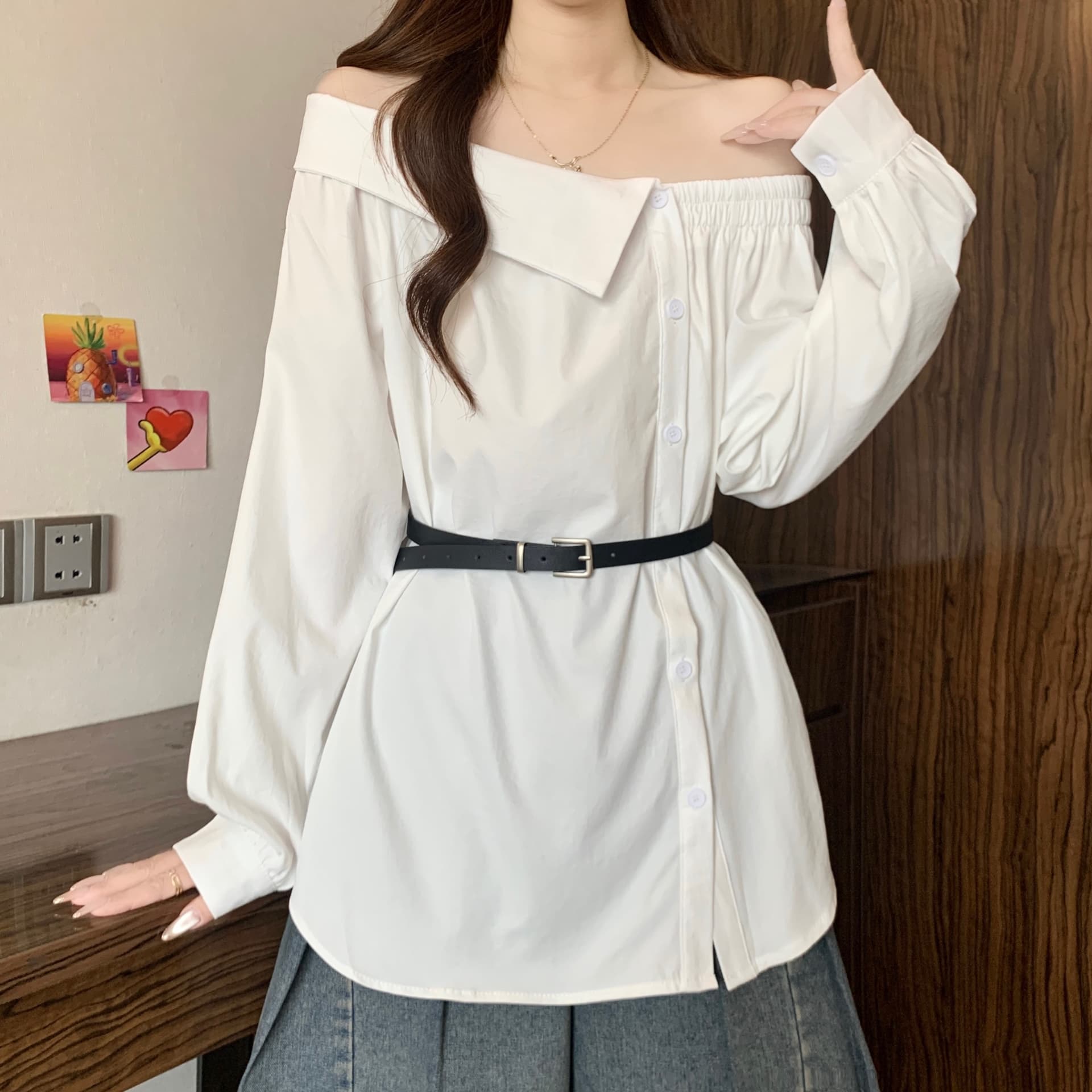 디자인 센스 Chic 폴로 칼라 오프숄더 긴팔 여성 셔츠 가을 새로운 지방 mm 품격 다용도 슬림해 보이는 고유 한 맨위 상세 이미지 6