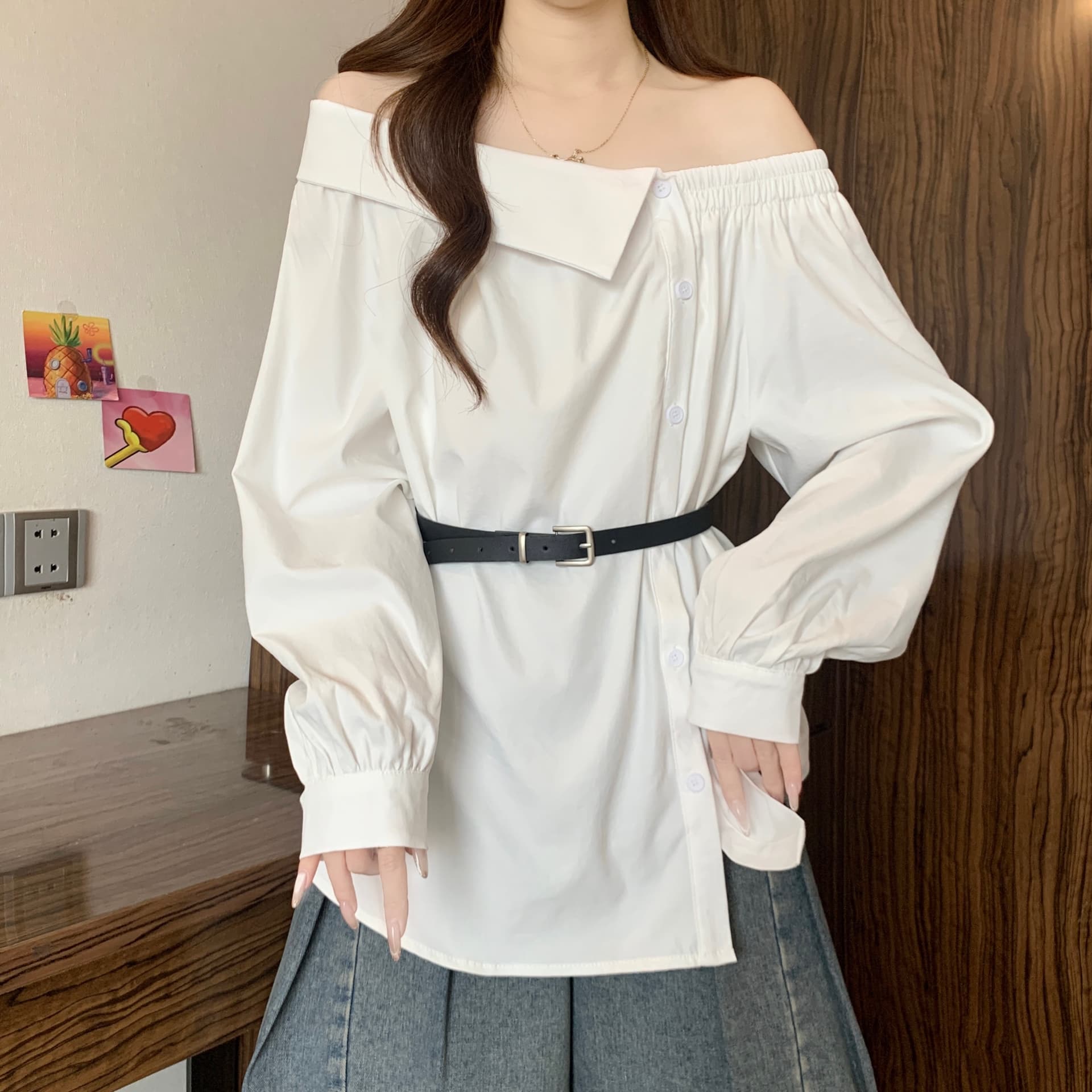 디자인 센스 Chic 폴로 칼라 오프숄더 긴팔 여성 셔츠 가을 새로운 지방 mm 품격 다용도 슬림해 보이는 고유 한 맨위 상세 이미지 8