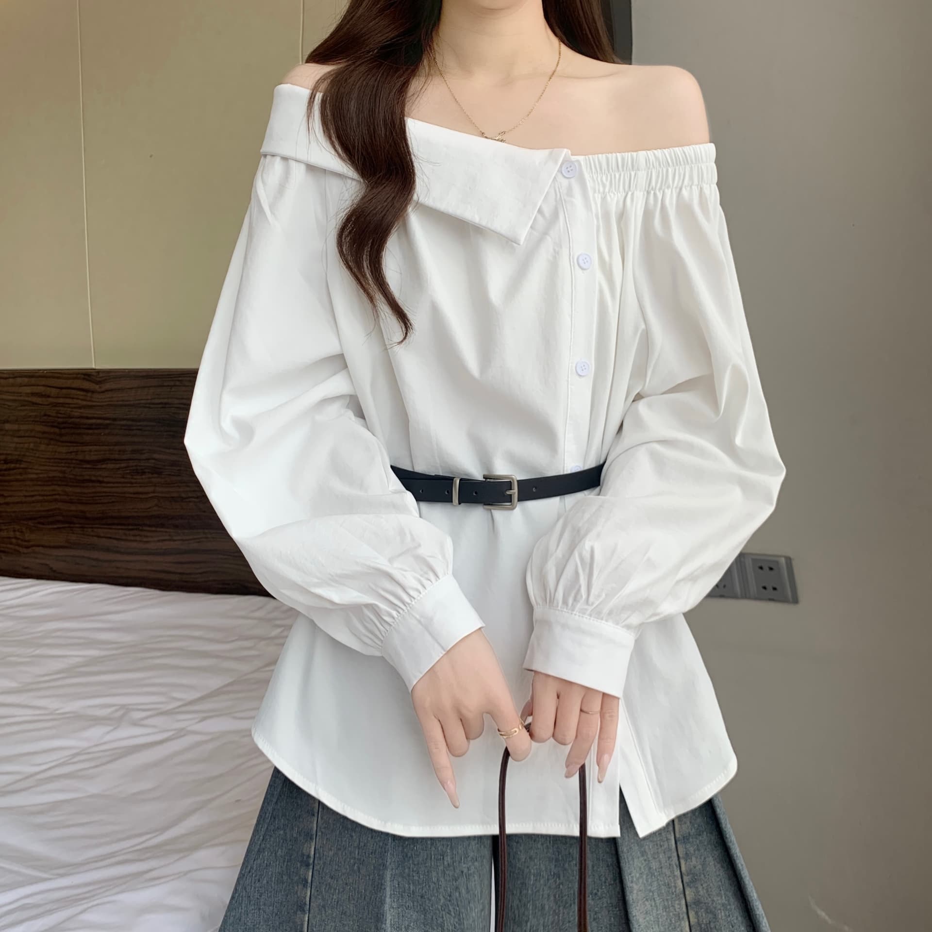 디자인 센스 Chic 폴로 칼라 오프숄더 긴팔 여성 셔츠 가을 새로운 지방 mm 품격 다용도 슬림해 보이는 고유 한 맨위 상세 이미지 9