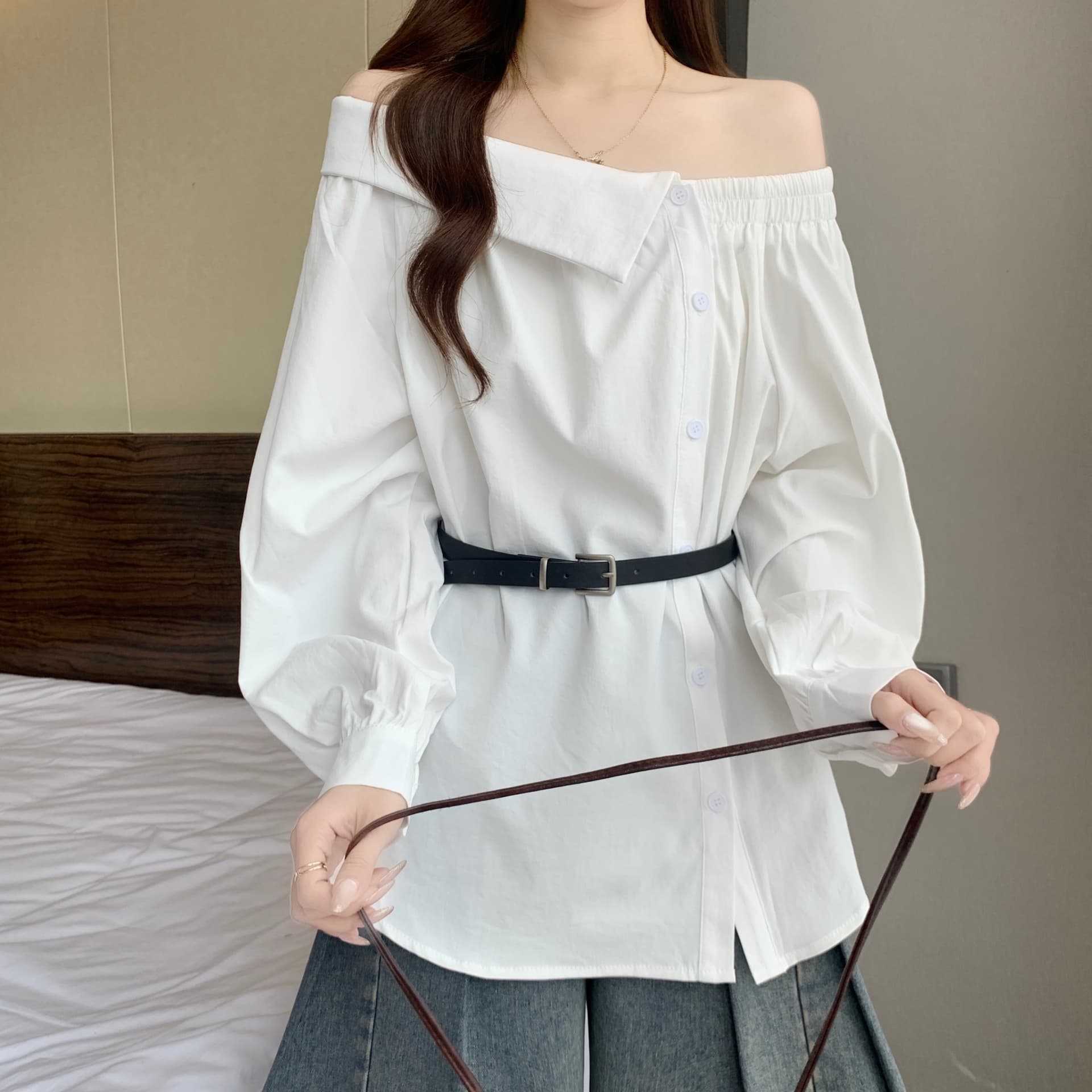 디자인 센스 Chic 폴로 칼라 오프숄더 긴팔 여성 셔츠 가을 새로운 지방 mm 품격 다용도 슬림해 보이는 고유 한 맨위 상세 이미지 10