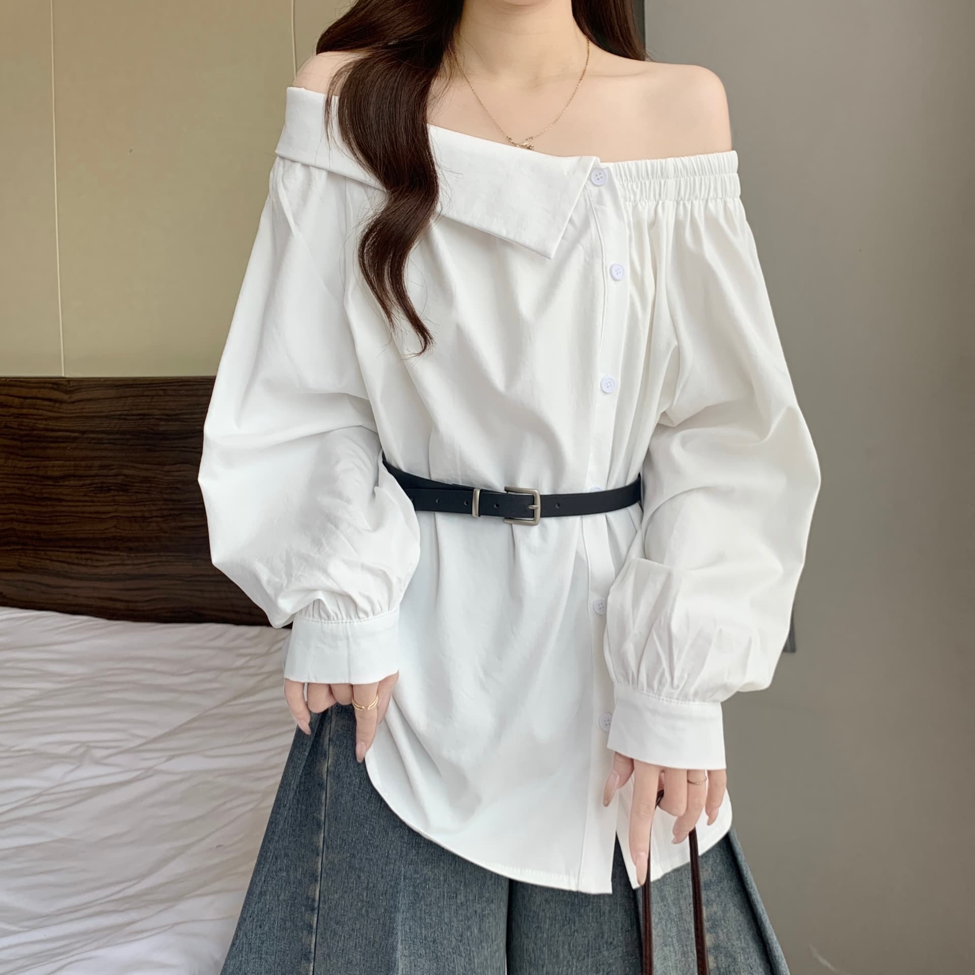 디자인 센스 Chic 폴로 칼라 오프숄더 긴팔 여성 셔츠 가을 새로운 지방 mm 품격 다용도 슬림해 보이는 고유 한 맨위 상세 이미지 11