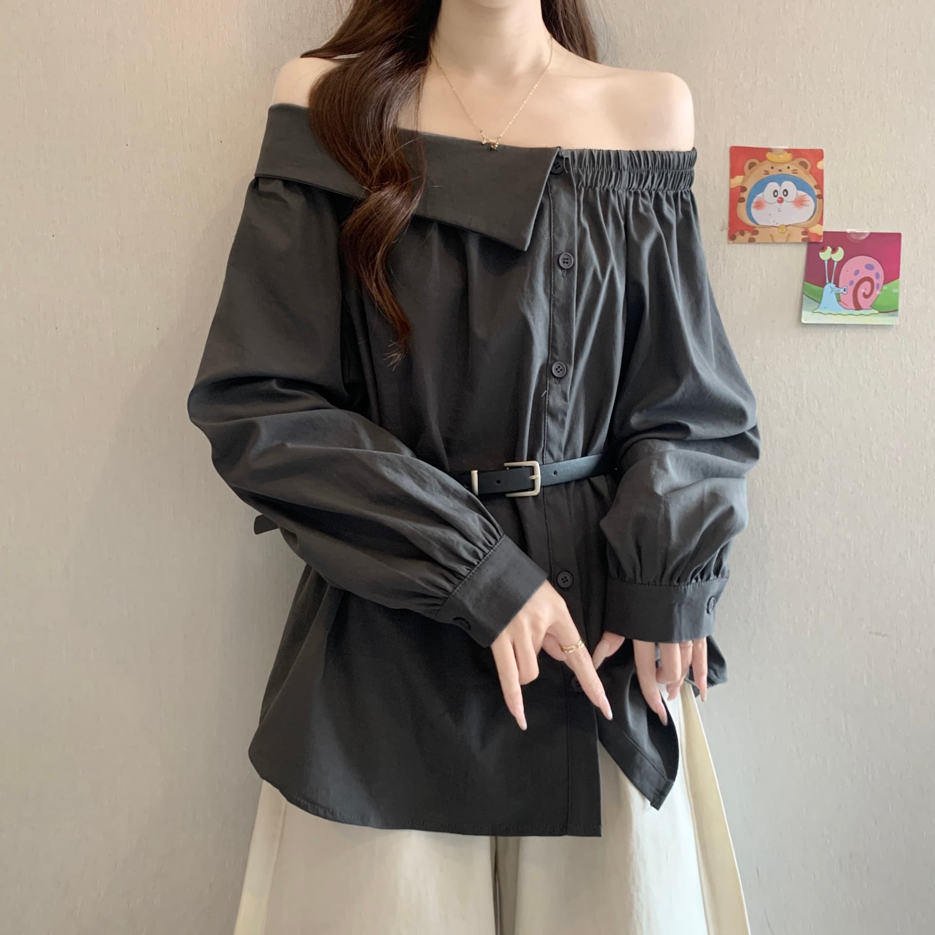 디자인 센스 Chic 폴로 칼라 오프숄더 긴팔 여성 셔츠 가을 새로운 지방 mm 품격 다용도 슬림해 보이는 고유 한 맨위 상세 이미지 13