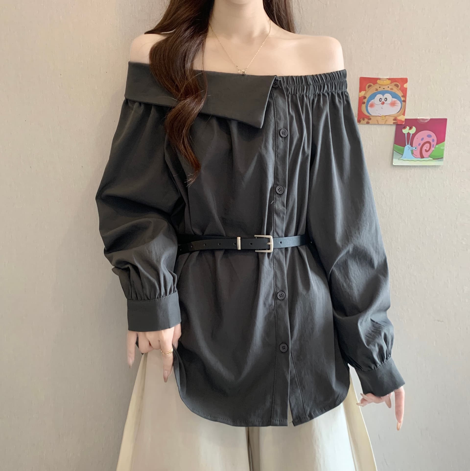 디자인 센스 Chic 폴로 칼라 오프숄더 긴팔 여성 셔츠 가을 새로운 지방 mm 품격 다용도 슬림해 보이는 고유 한 맨위 상세 이미지 14