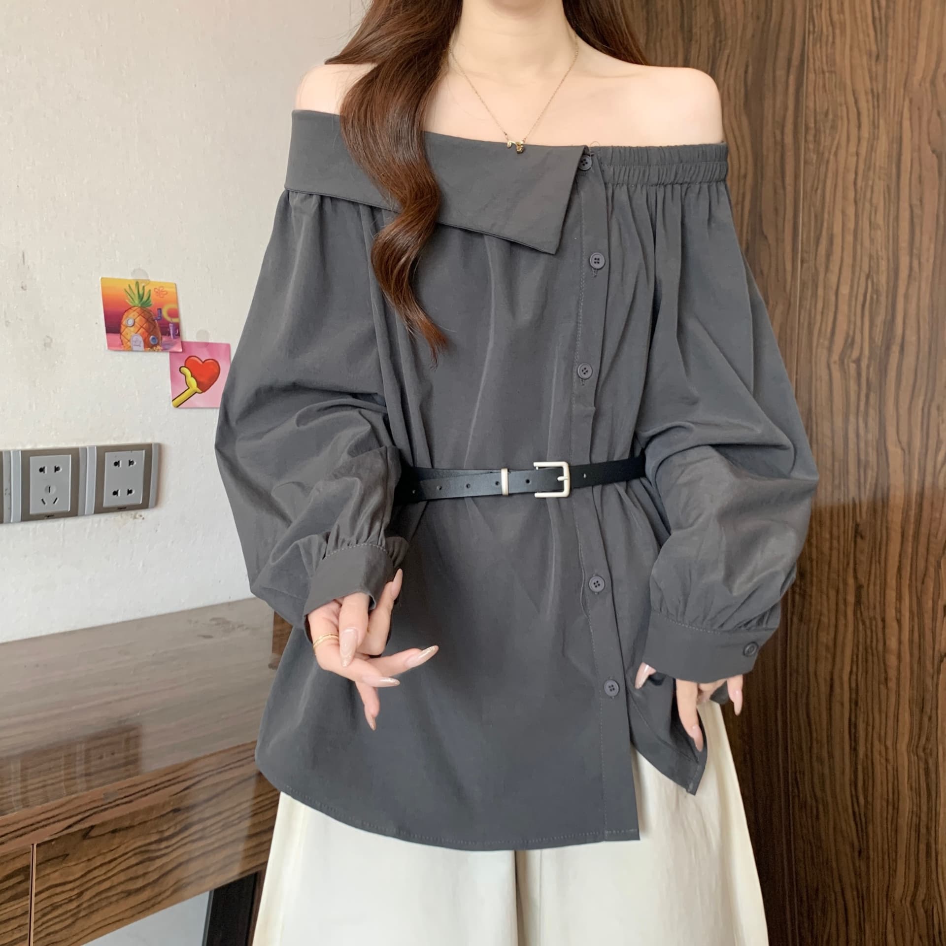 디자인 센스 Chic 폴로 칼라 오프숄더 긴팔 여성 셔츠 가을 새로운 지방 mm 품격 다용도 슬림해 보이는 고유 한 맨위 상세 이미지 16