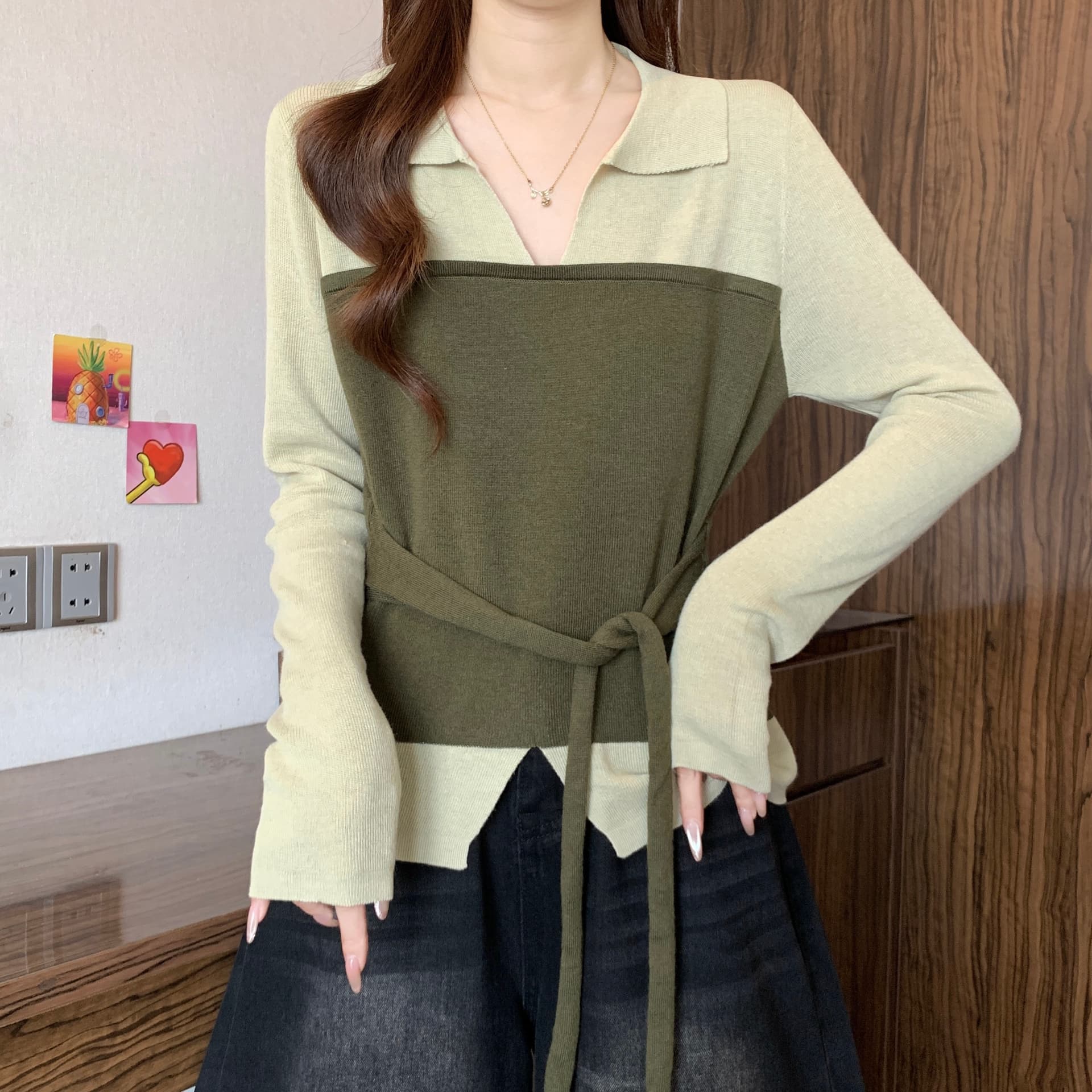 디자인 센스 페이크 레이어드 배색 POLO 칼라 긴팔 니트 스웨터 여성 가을 새로운 지방 mm 허리 수축 슬림해 보이는 품격 맨위 상세 이미지 26