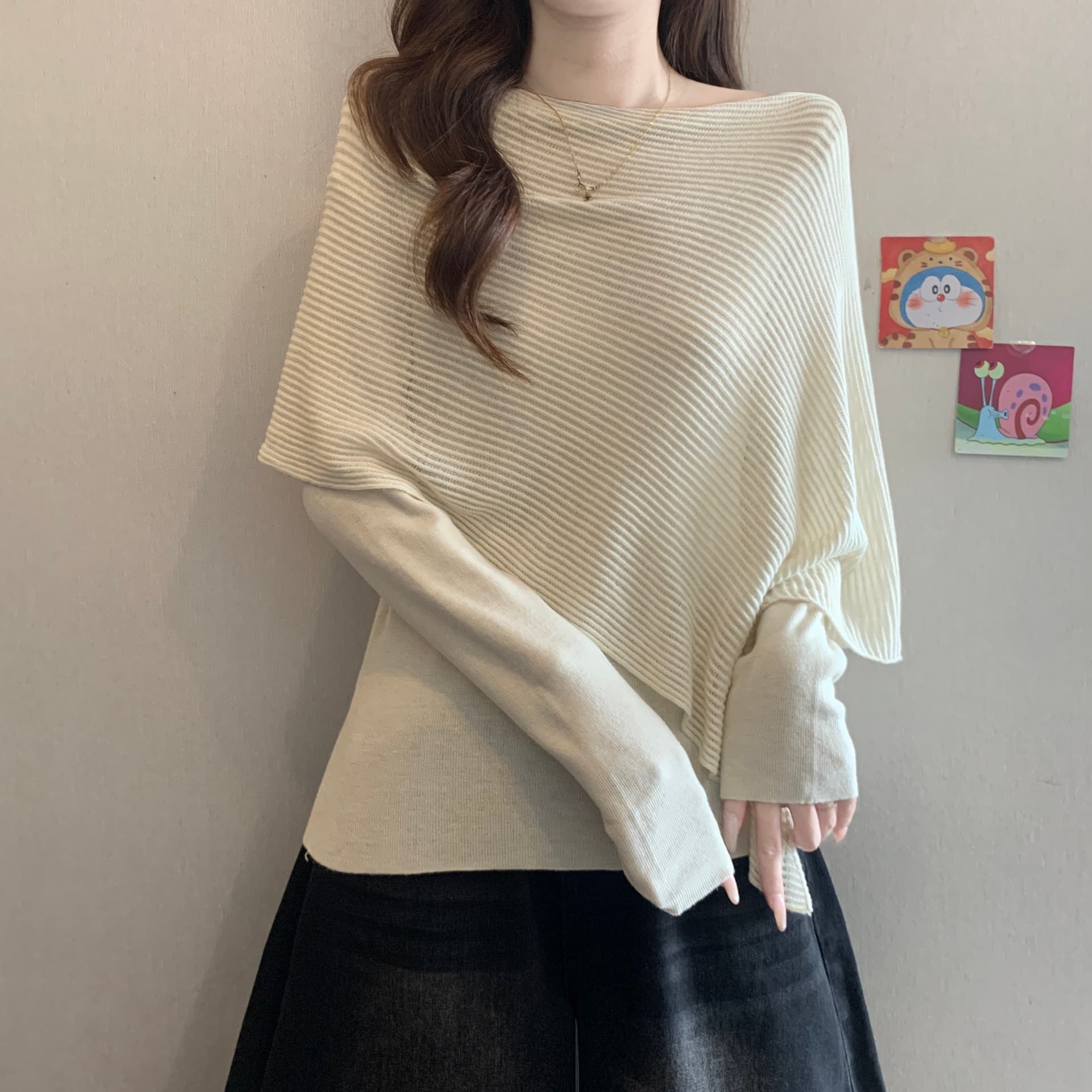 고급 디자인 센스 페이크 레이어드 숄 불규칙 니트 스웨터 여성 가을 새로운 지방 mm 품격 다용도 슬림해 보이는 맨위 이미지 6