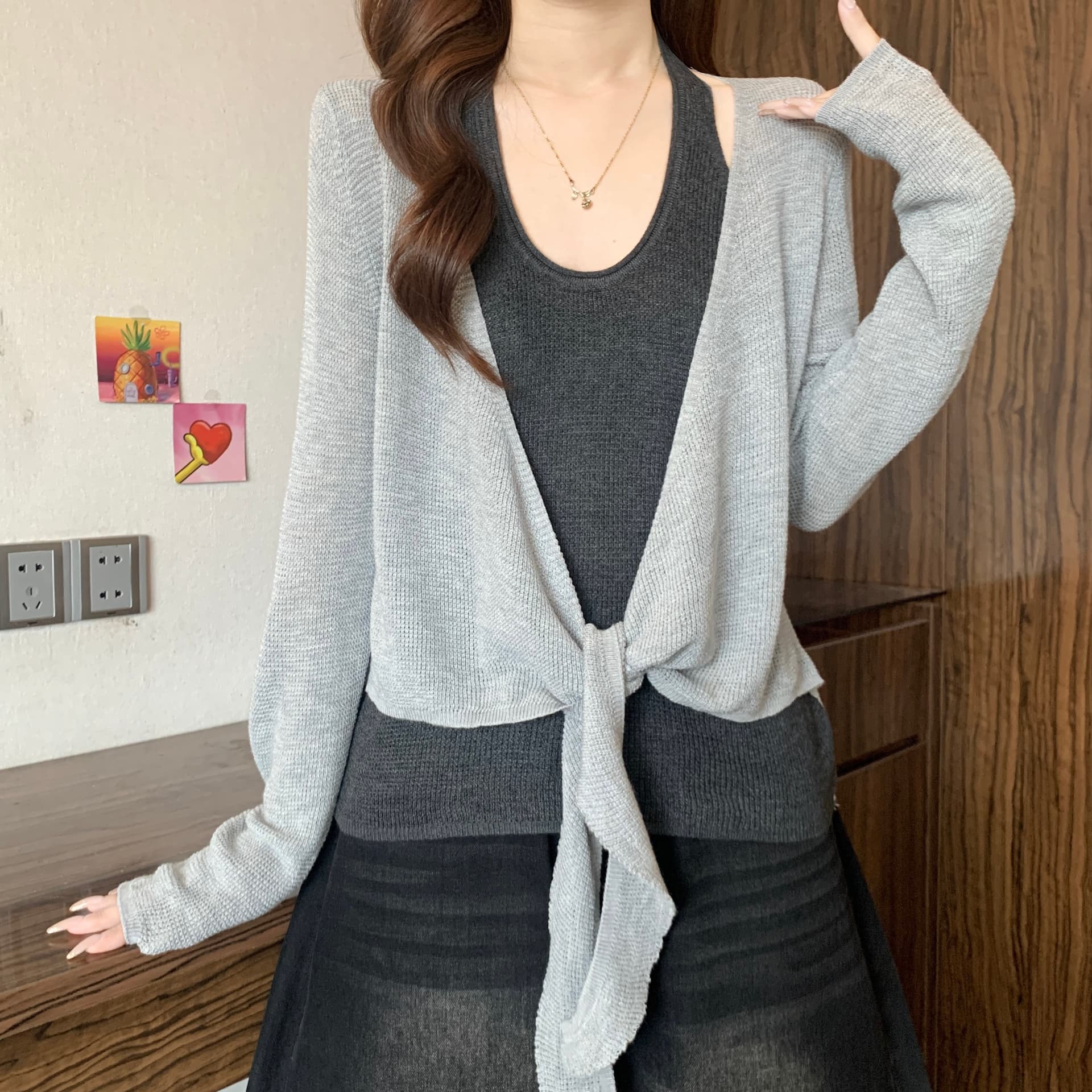 고급 센스 배색 페이크 레이어드 행침 목 니트 스웨터 여성 가을 겨울 새로운 지방 mm 십자가 레이스업 품격 슬림해 보이는 맨위 상세 이미지 6