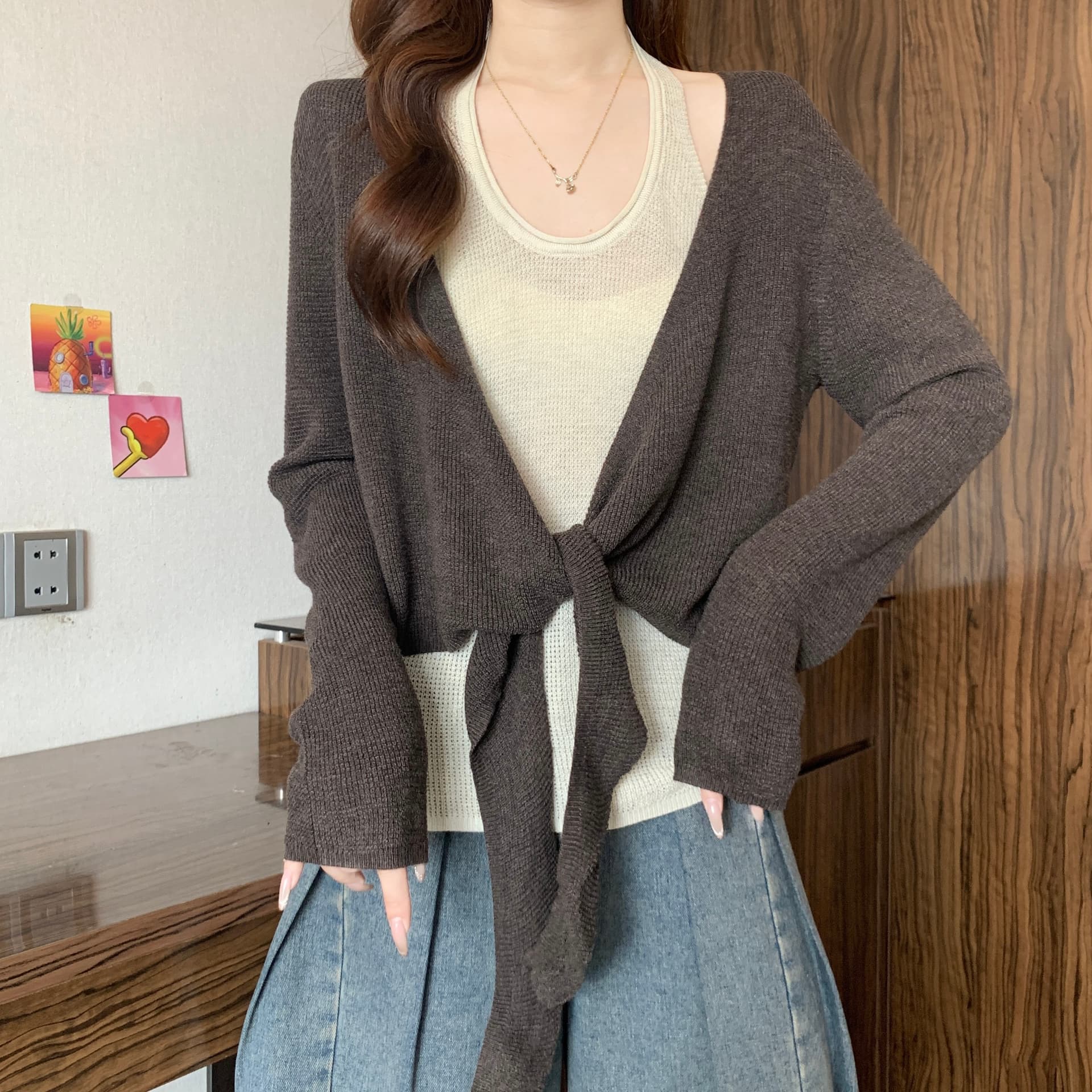 고급 센스 배색 페이크 레이어드 행침 목 니트 스웨터 여성 가을 겨울 새로운 지방 mm 십자가 레이스업 품격 슬림해 보이는 맨위 상세 이미지 17