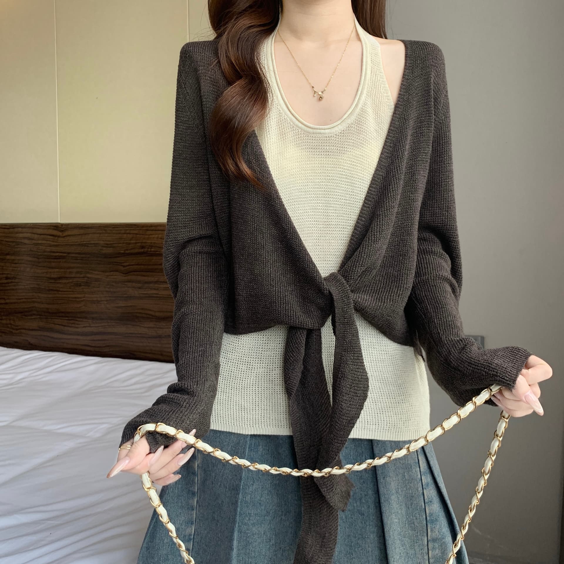 고급 센스 배색 페이크 레이어드 행침 목 니트 스웨터 여성 가을 겨울 새로운 지방 mm 십자가 레이스업 품격 슬림해 보이는 맨위 상세 이미지 19