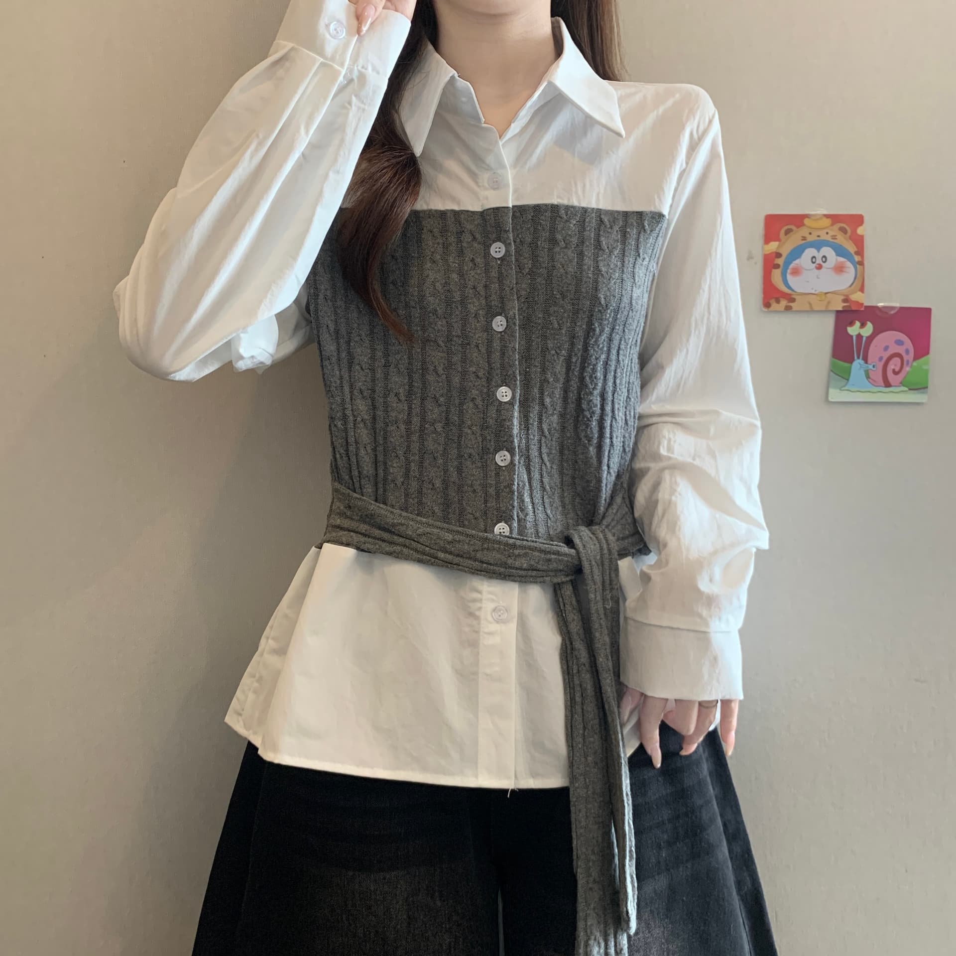 페이크 레이어드 불규칙 패치워크 니트 긴 소매 여성 셔츠 가을 새로운 지방 mm 품격 허리 수축 슬림해 보이는 고유 한 맨위 이미지 4