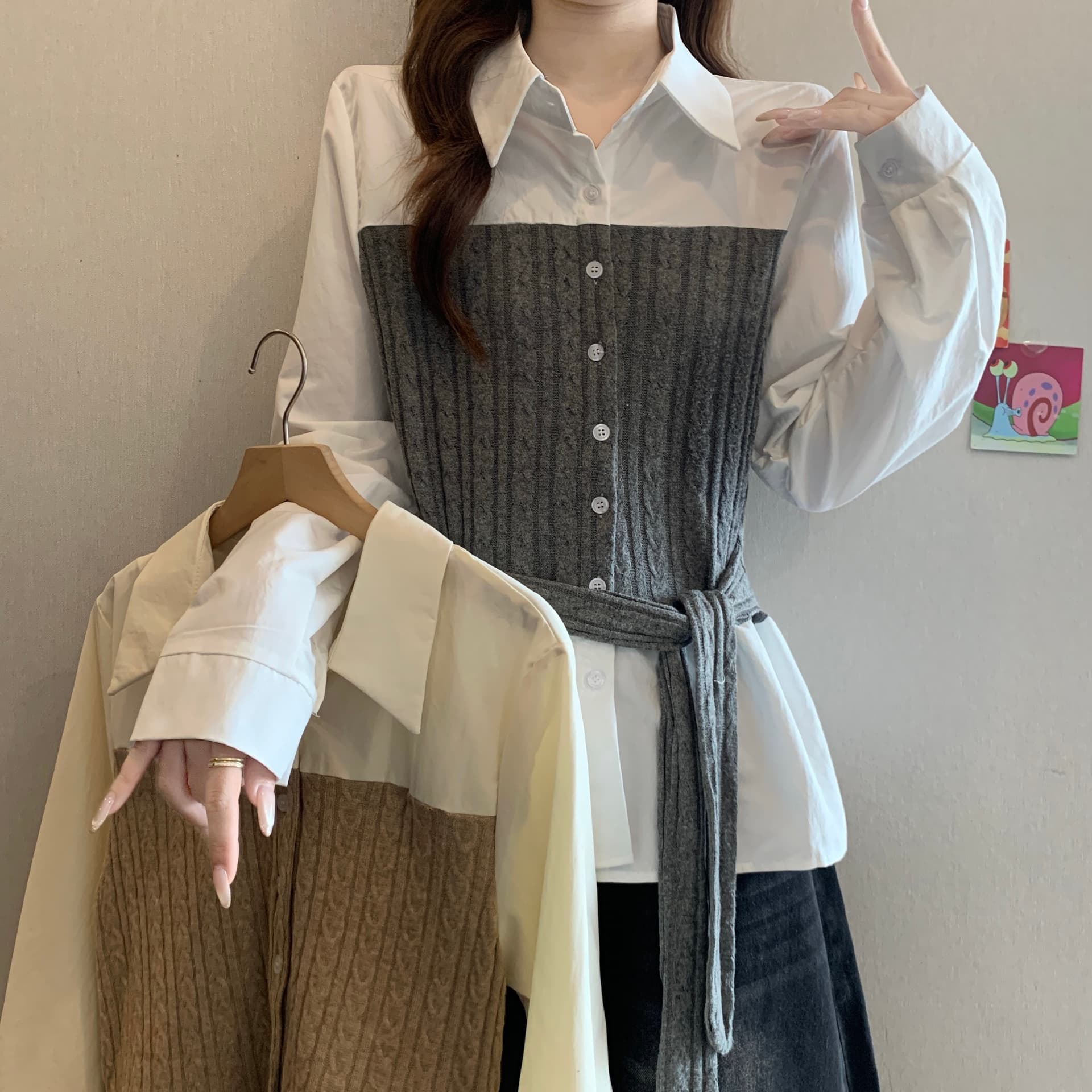 페이크 레이어드 불규칙 패치워크 니트 긴 소매 여성 셔츠 가을 새로운 지방 mm 품격 허리 수축 슬림해 보이는 고유 한 맨위 상세 이미지 2