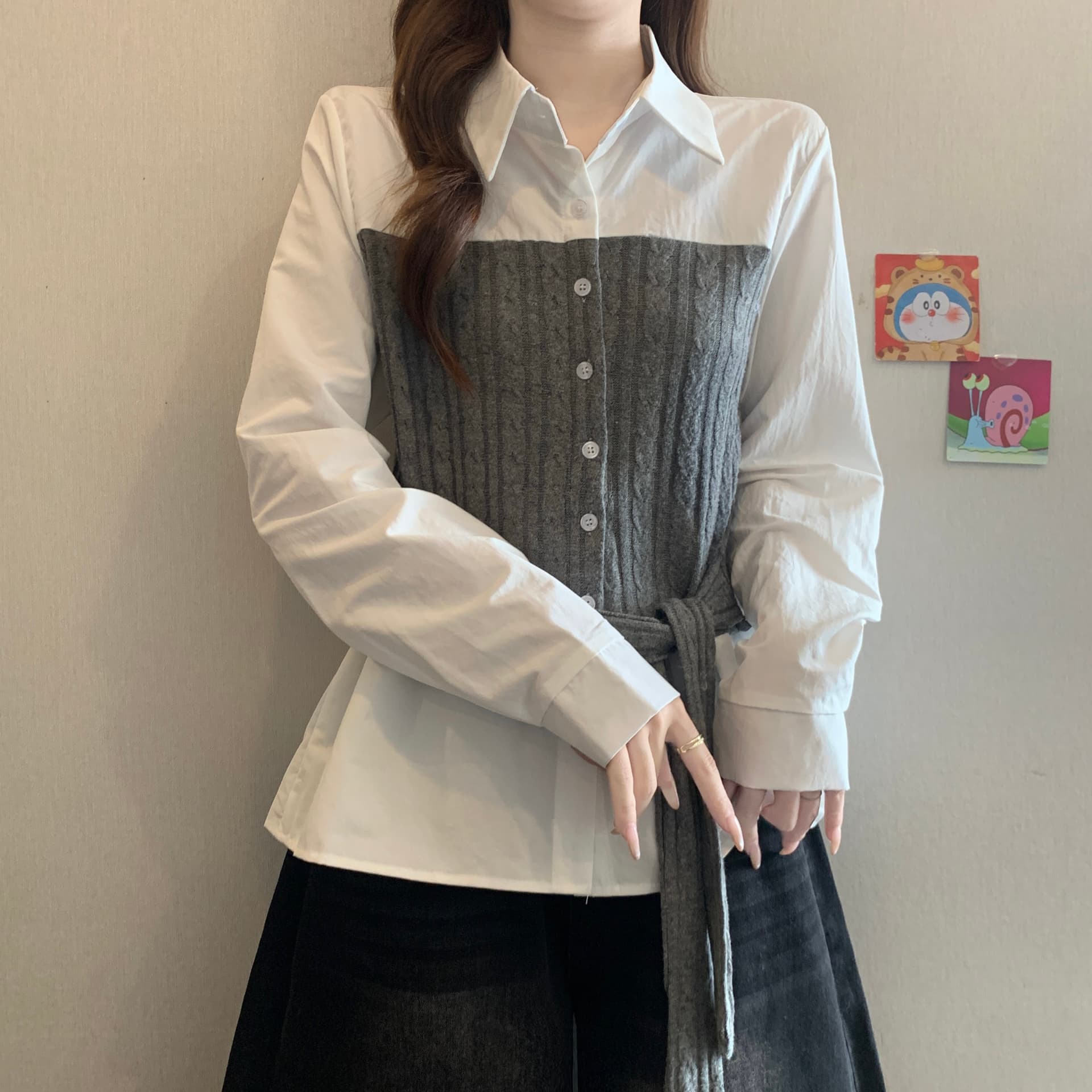 페이크 레이어드 불규칙 패치워크 니트 긴 소매 여성 셔츠 가을 새로운 지방 mm 품격 허리 수축 슬림해 보이는 고유 한 맨위 상세 이미지 5