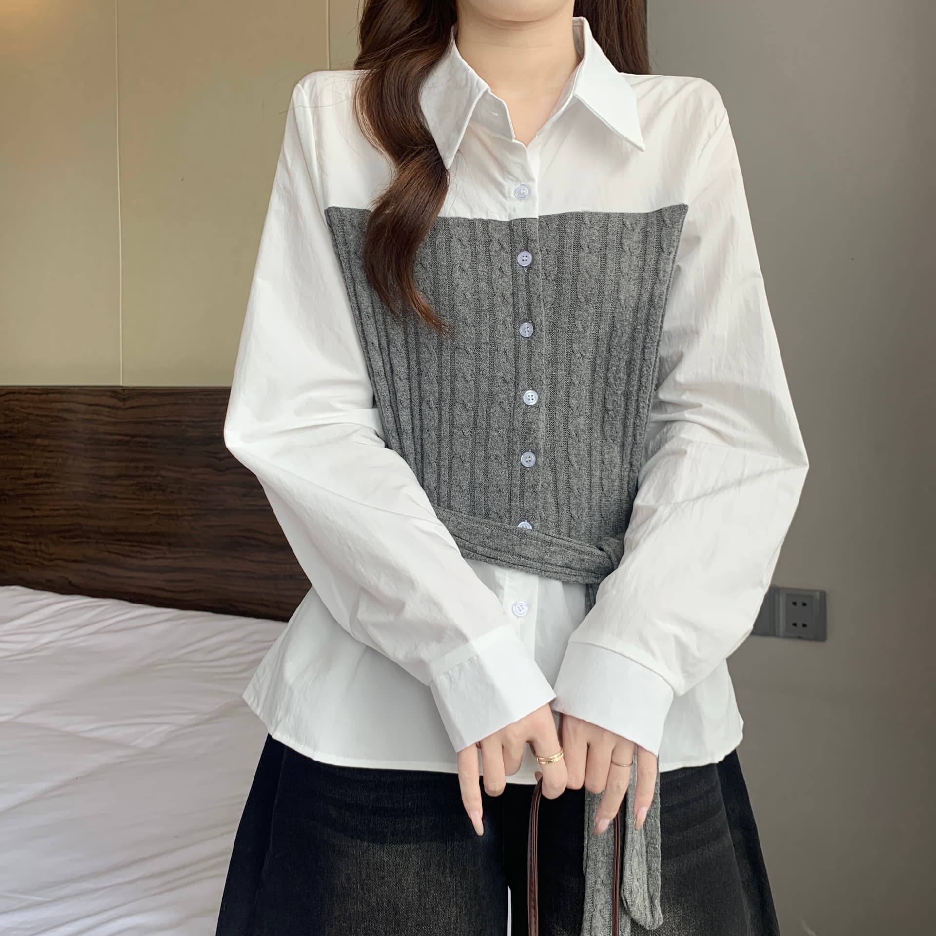 페이크 레이어드 불규칙 패치워크 니트 긴 소매 여성 셔츠 가을 새로운 지방 mm 품격 허리 수축 슬림해 보이는 고유 한 맨위 상세 이미지 9