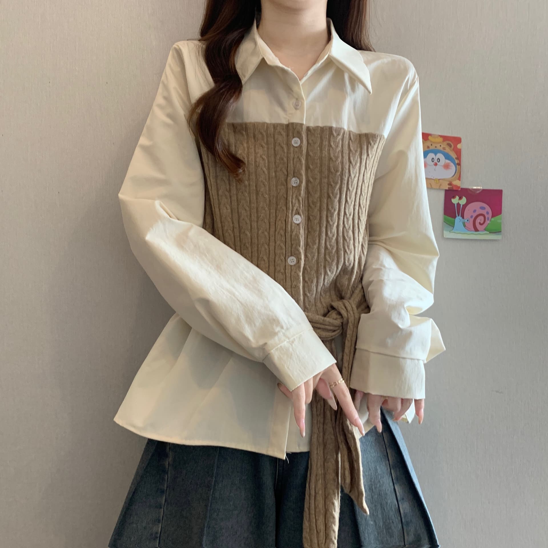 페이크 레이어드 불규칙 패치워크 니트 긴 소매 여성 셔츠 가을 새로운 지방 mm 품격 허리 수축 슬림해 보이는 고유 한 맨위 상세 이미지 13